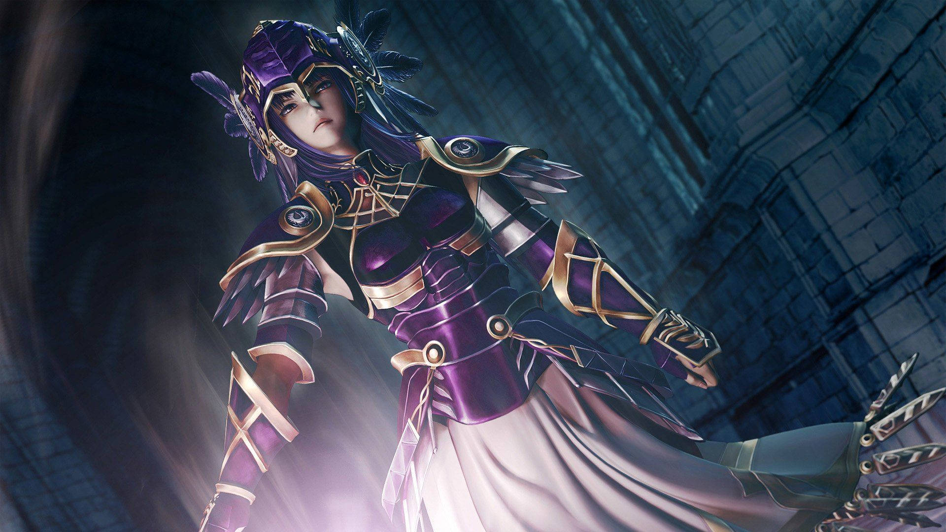 Warrior 桌布 壁紙 — 一名身穿華麗紫色和金色盔甲的戰士，在戲劇性燈光下，佇立於黑暗的石頭走廊中。