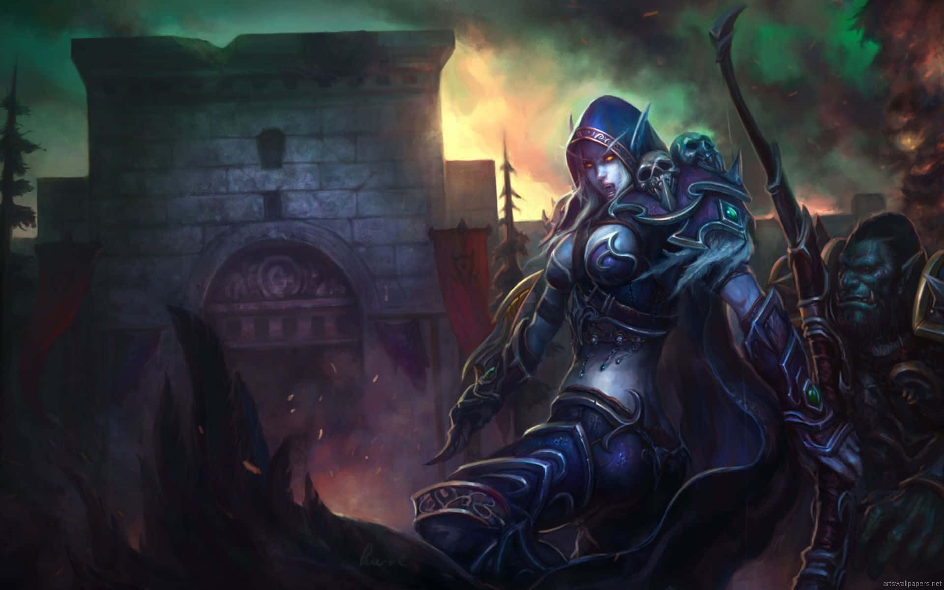 World Of Warcraft Shadowlands 桌布 壁紙 — 一名身穿華麗藍色鎧甲的黑暗奇幻戰士，站在搖搖欲墜的石門前，背景是火紅的暮色天空。