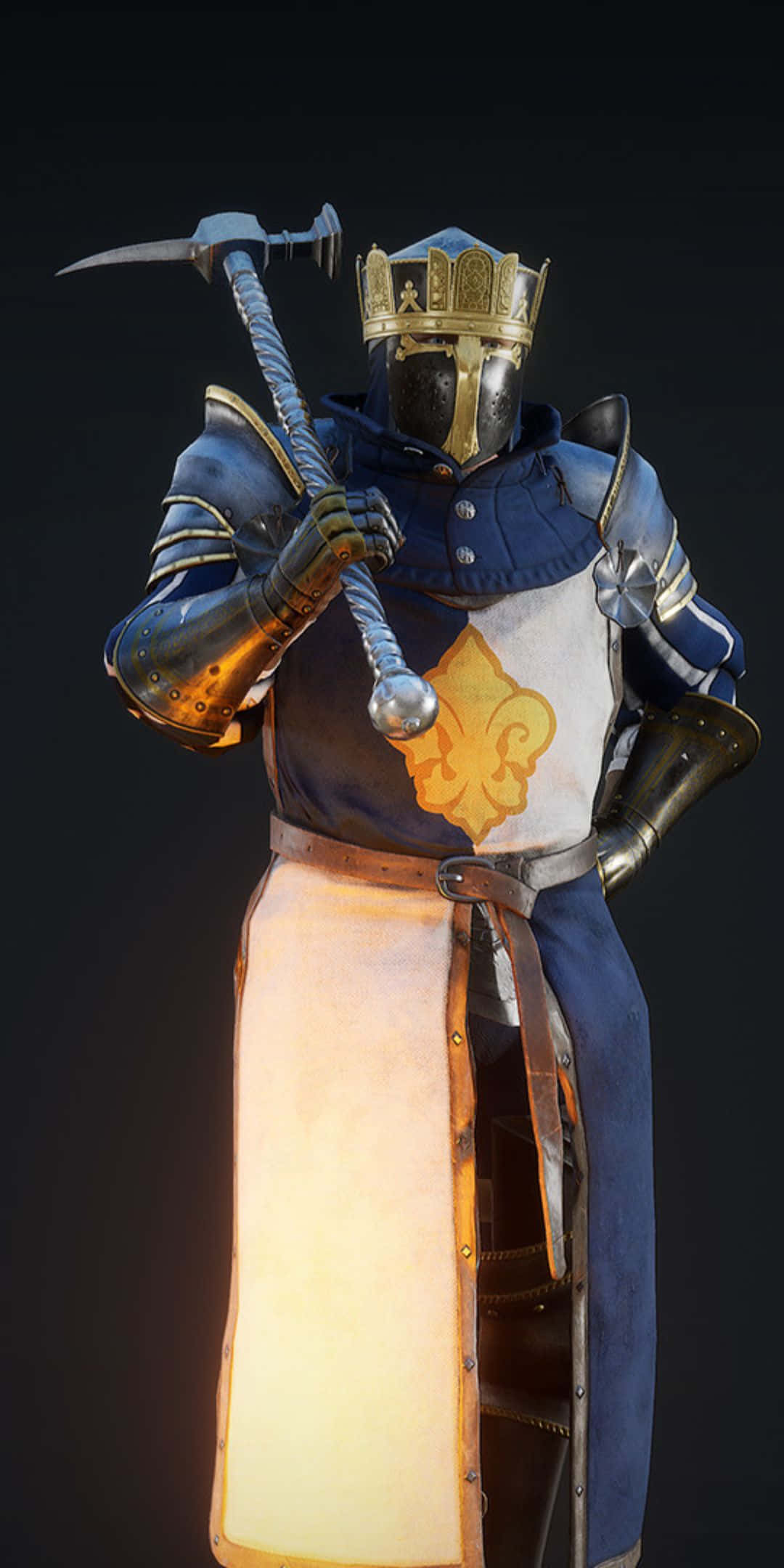 Pixel 3 Mordhau 桌布 壁紙 — 一名身穿華麗藍金色鎧甲的騎士，在黑暗背景下手持戰錘，帶有發光的光效。