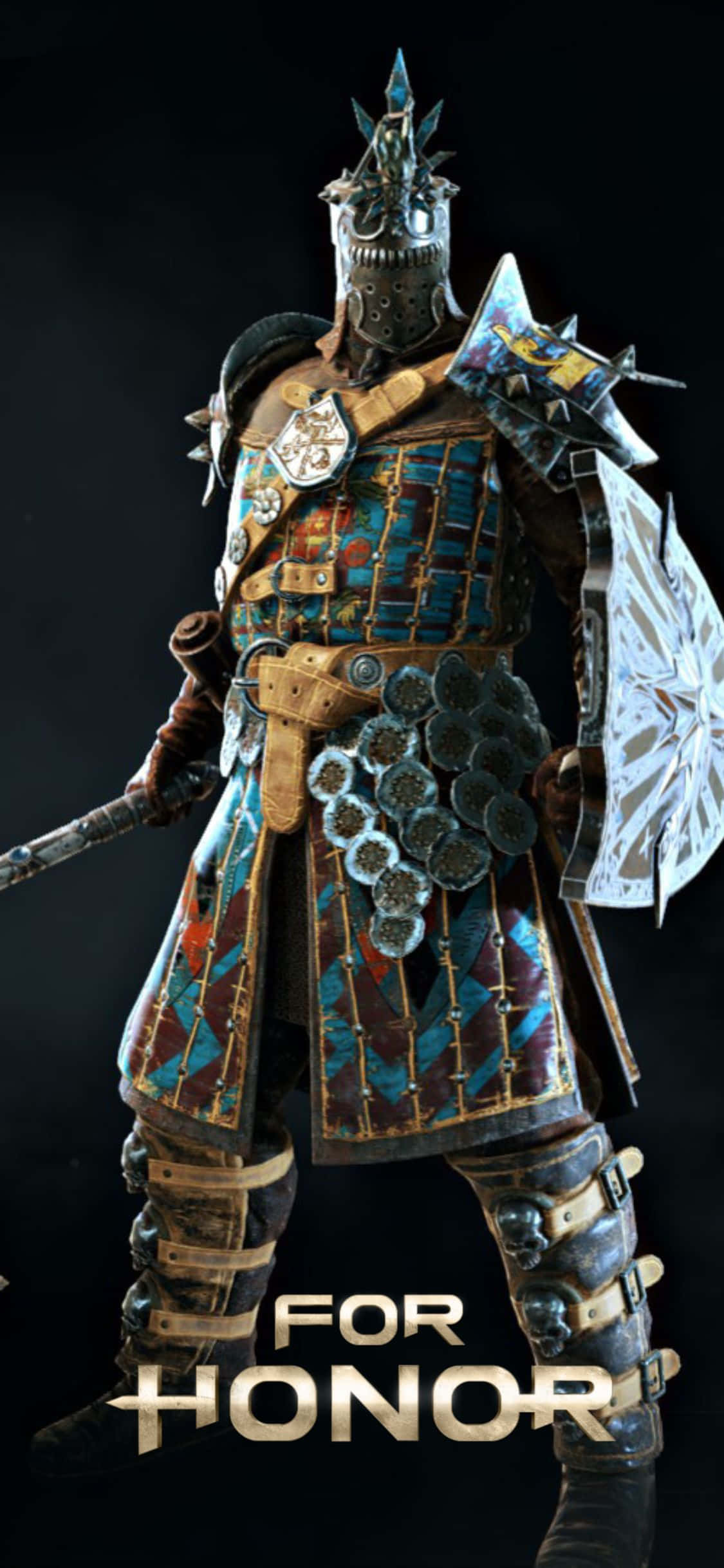 iPhone Xs For Honor 桌布 壁紙 — 一名身穿華麗藍金銀板甲的重裝戰士，手持劍與盾，立於黑暗背景前。