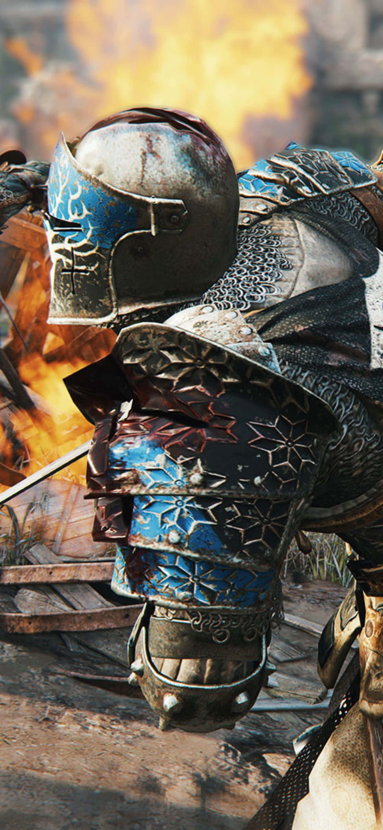 iPhone Xs Max For Honor 桌布 壁紙 — 一名身穿華麗藍銀鎧甲的騎士，在身後烈焰熊熊的激烈戰鬥中屹立。