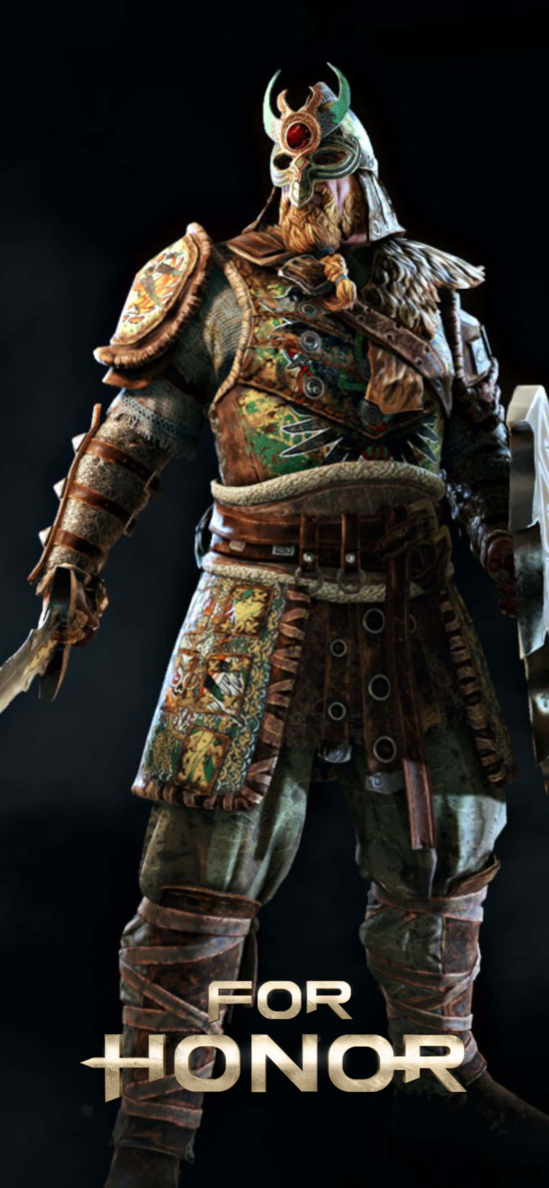 iPhone Xs For Honor 桌布 壁紙 — 一名身穿華麗部落裝備、頭戴角盔的重裝戰士，在黑暗背景下蓄勢待發。