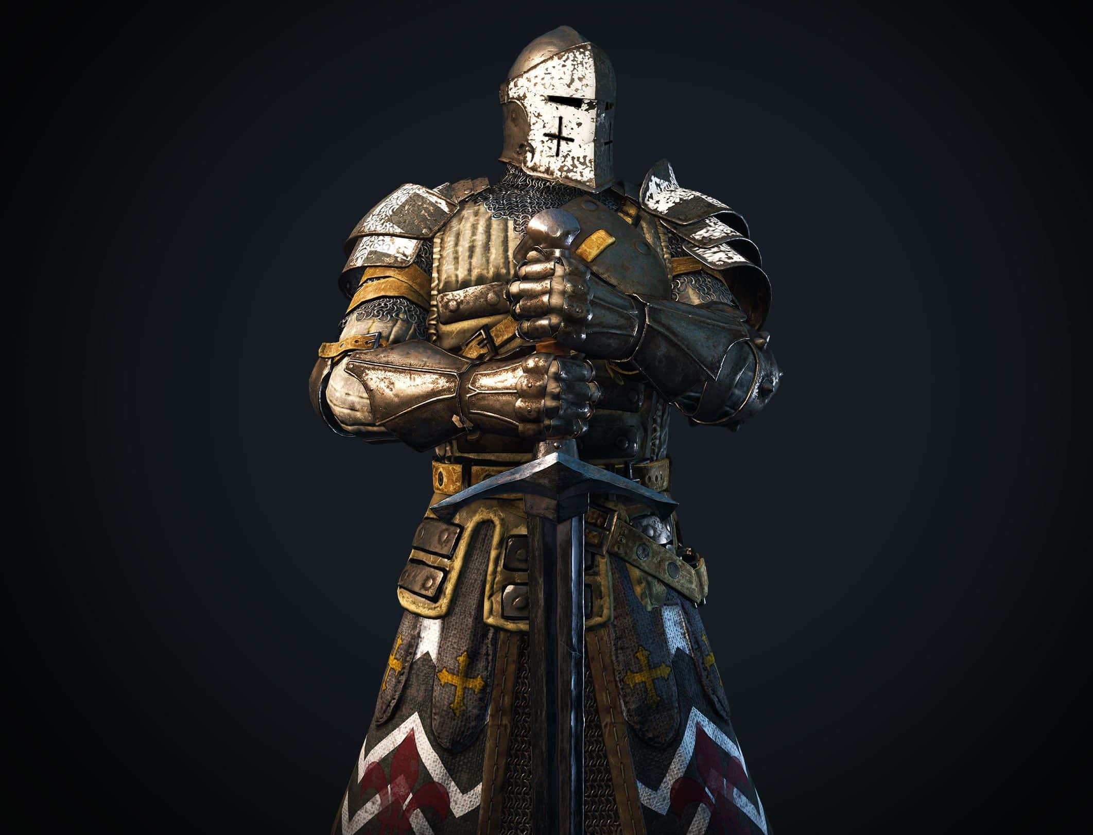 Warden For Honor 桌布 壁紙 — 一名身穿華麗金屬鎧甲的騎士，在深色漸變背景前持劍擺好姿勢。