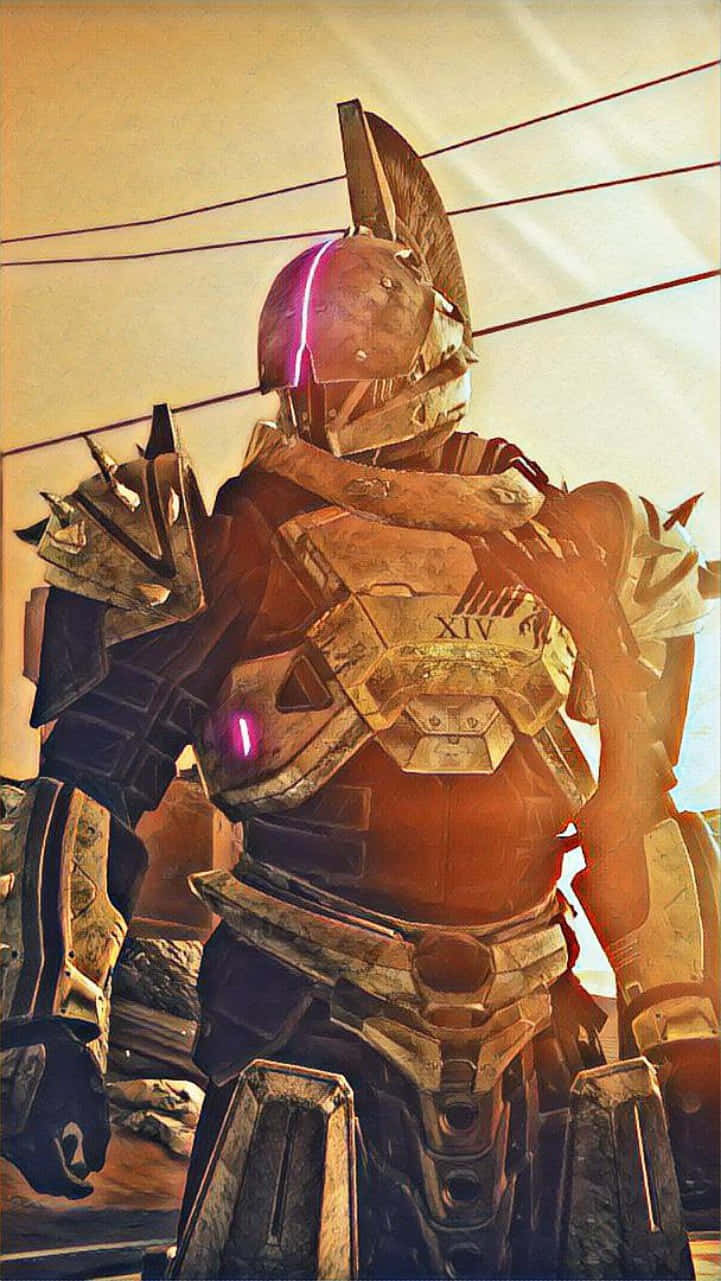 Destiny 2 Phone 桌布 壁紙 — 一名身穿華麗金色和鏽蝕盔甲的重裝戰士站在溫暖發光的天空下，帶有紫色能量點綴。