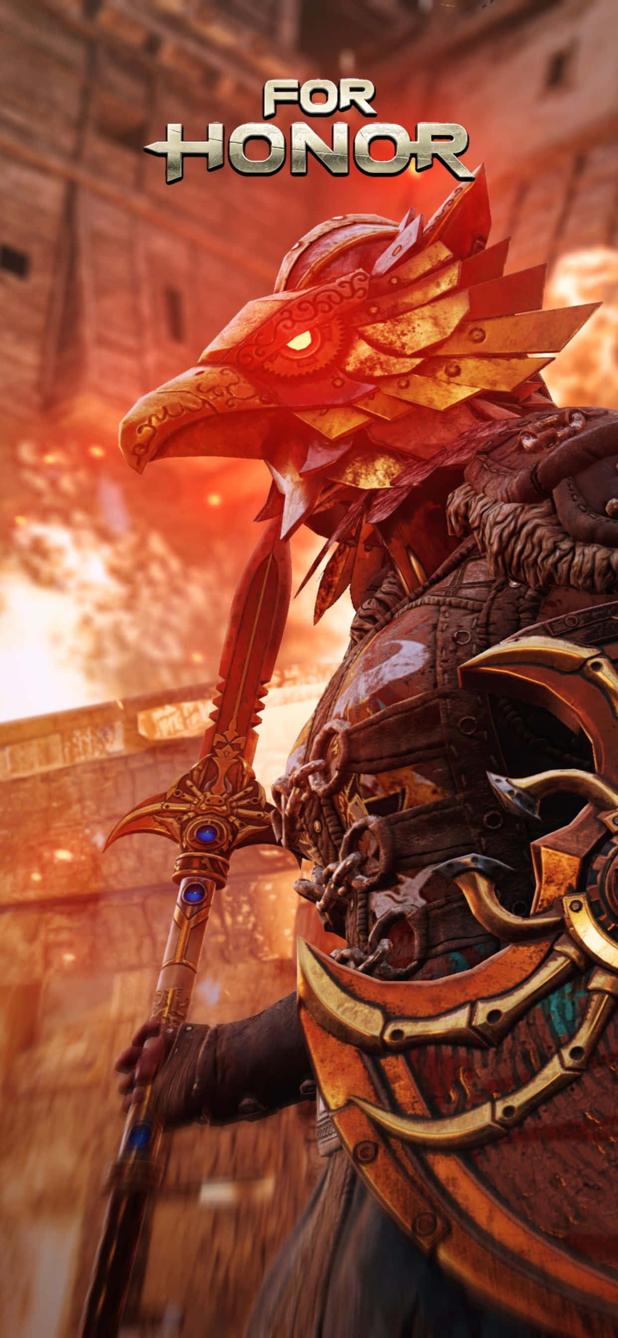 iPhone Xs Max For Honor 桌布 壁紙 — 一名身穿華麗金色和青銅盔甲、頭戴鳥頭頭盔的戰士，手持裝飾武器，在熾熱的日落背景下準備就緒。