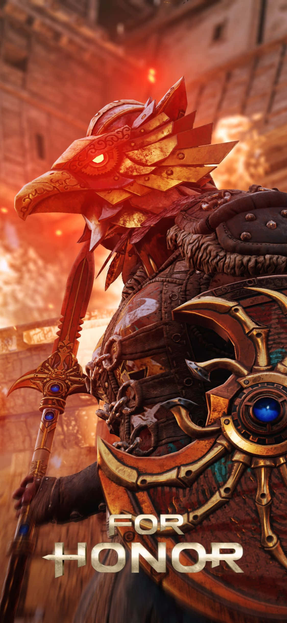 iPhone Xs For Honor 桌布 壁紙 — 一名身穿華麗金色盔甲、戴著鳥頭頭盔的戰士，在熾熱的城市背景下揮舞著發光的劍。