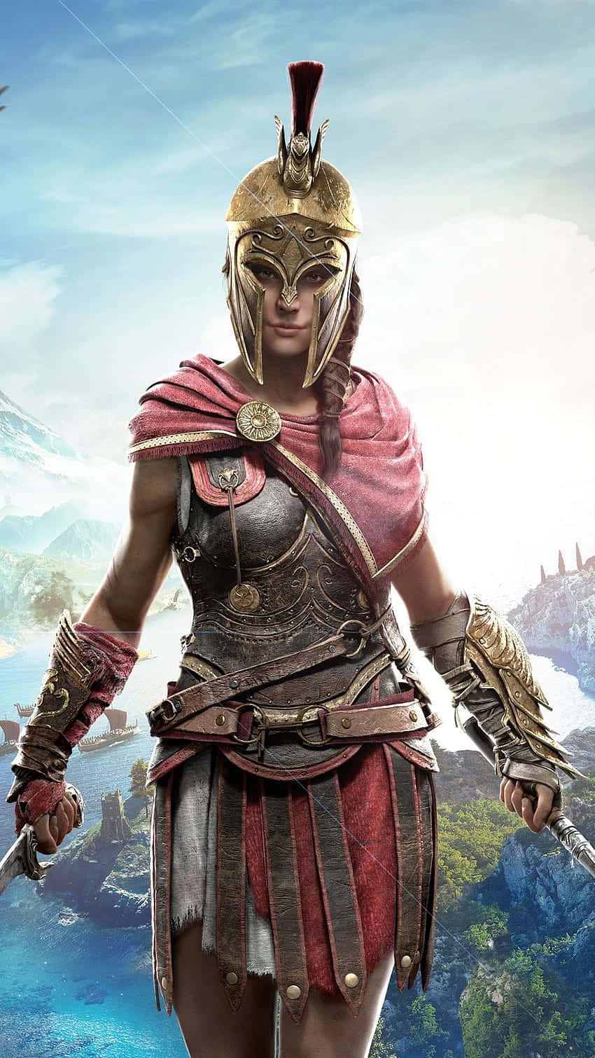 Android Assassin's Creed Odyssey 桌布 壁紙 — 一名身穿華麗金色頭盔和紅色盔甲的斯巴達戰士，手持劍，以海岸山脈為背景，擺出準備戰鬥的姿勢。