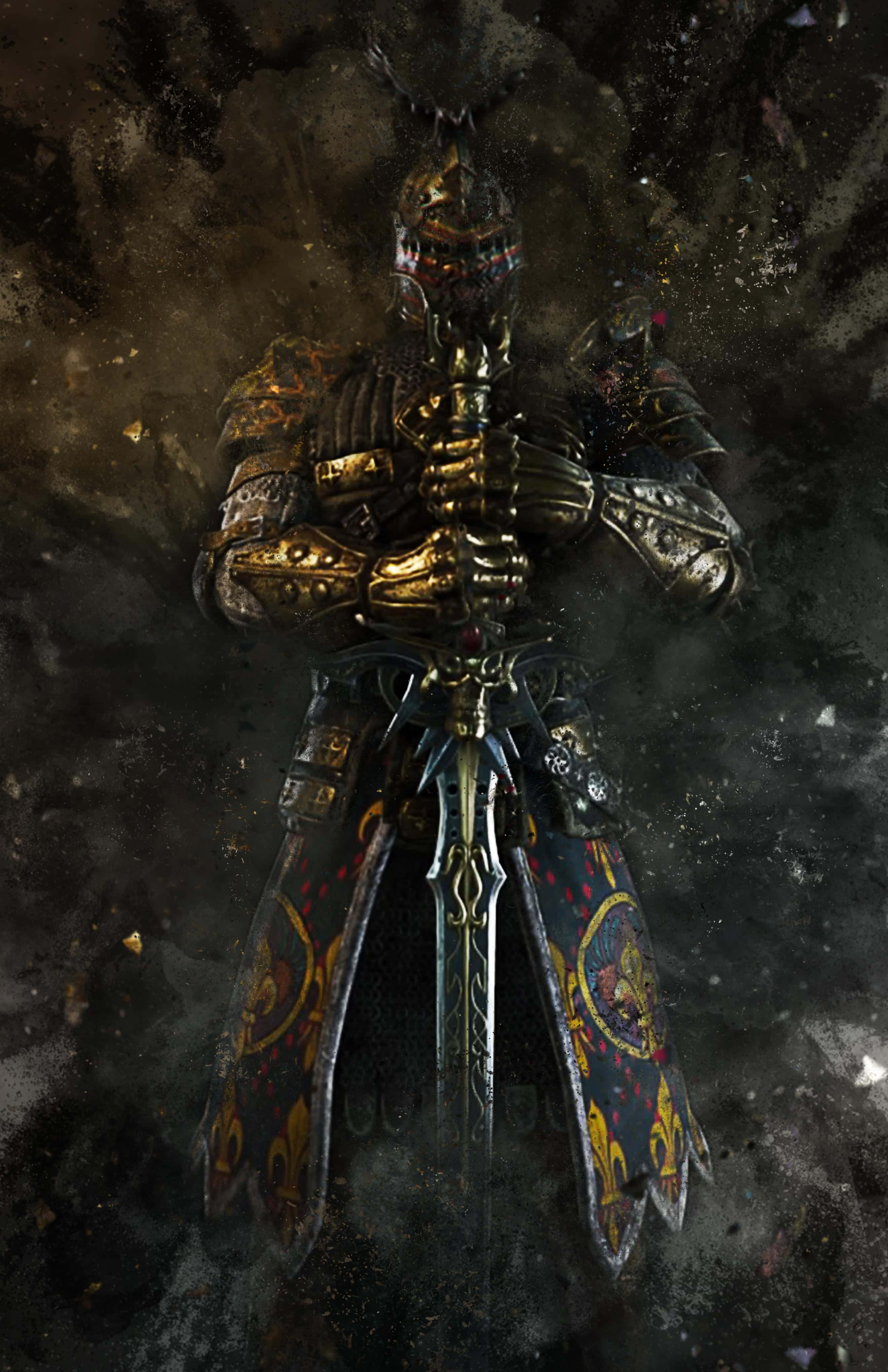 Warden For Honor 桌布 壁紙 — 一名身穿華麗金黑色板甲的重甲騎士，在黑暗粗糙的背景前莊嚴地持劍站立。
