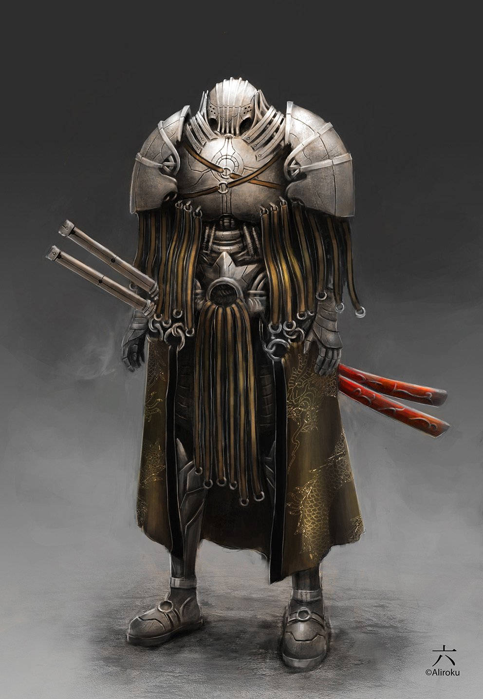 sword 桌布 壁紙 — 一名身穿華麗銀色板甲的重裝騎士，在深灰色背景下莊嚴地握著兩把紅色劍柄的雙劍。