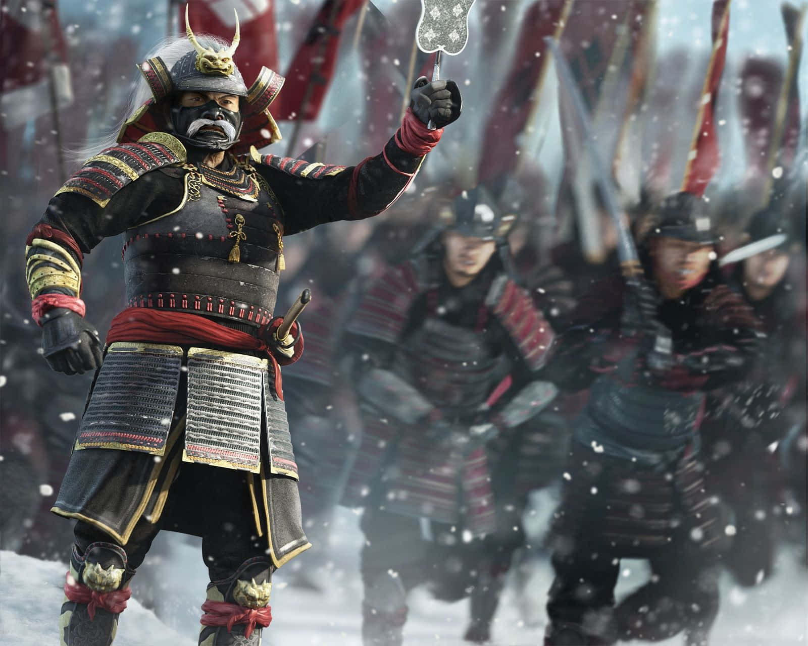 shogun 2 total war 桌布 壁紙 — 一名身穿華麗鎧甲的武士揮舞著刀刃，雪花飄落在衝鋒的軍隊之上，構成戲劇性的冬季戰鬥場景。