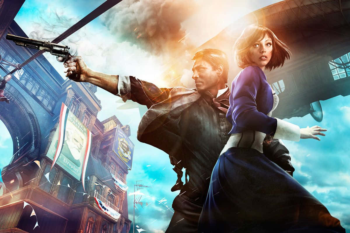 Bioshock Characters 桌布 壁紙 — 一名身穿蒸氣龐克服裝的男子和女子在充滿天空的都市景觀中奔跑，伴隨著飛行的飛船和滾滾濃煙。