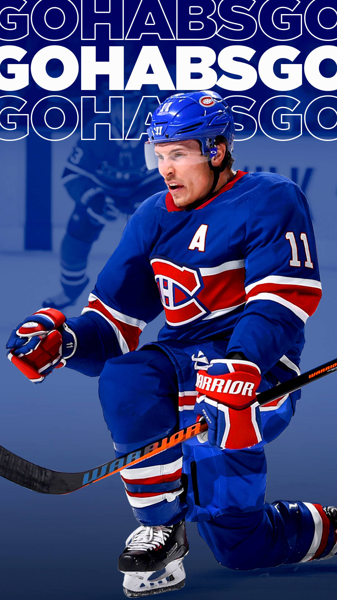 Canadiens 桌布 壁紙 — 一名身穿藍、紅、白色球衣的冰上曲棍球運動員，手持球棍和頭盔跪在冰上，背景重複出現「GOHABS」字樣。