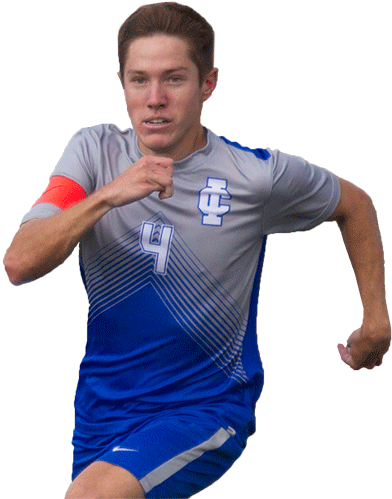 Athlete 桌布 壁紙 — 一名身穿藍灰色球衣、背號四號、佩戴紅色臂章的男性足球員正在奔跑。