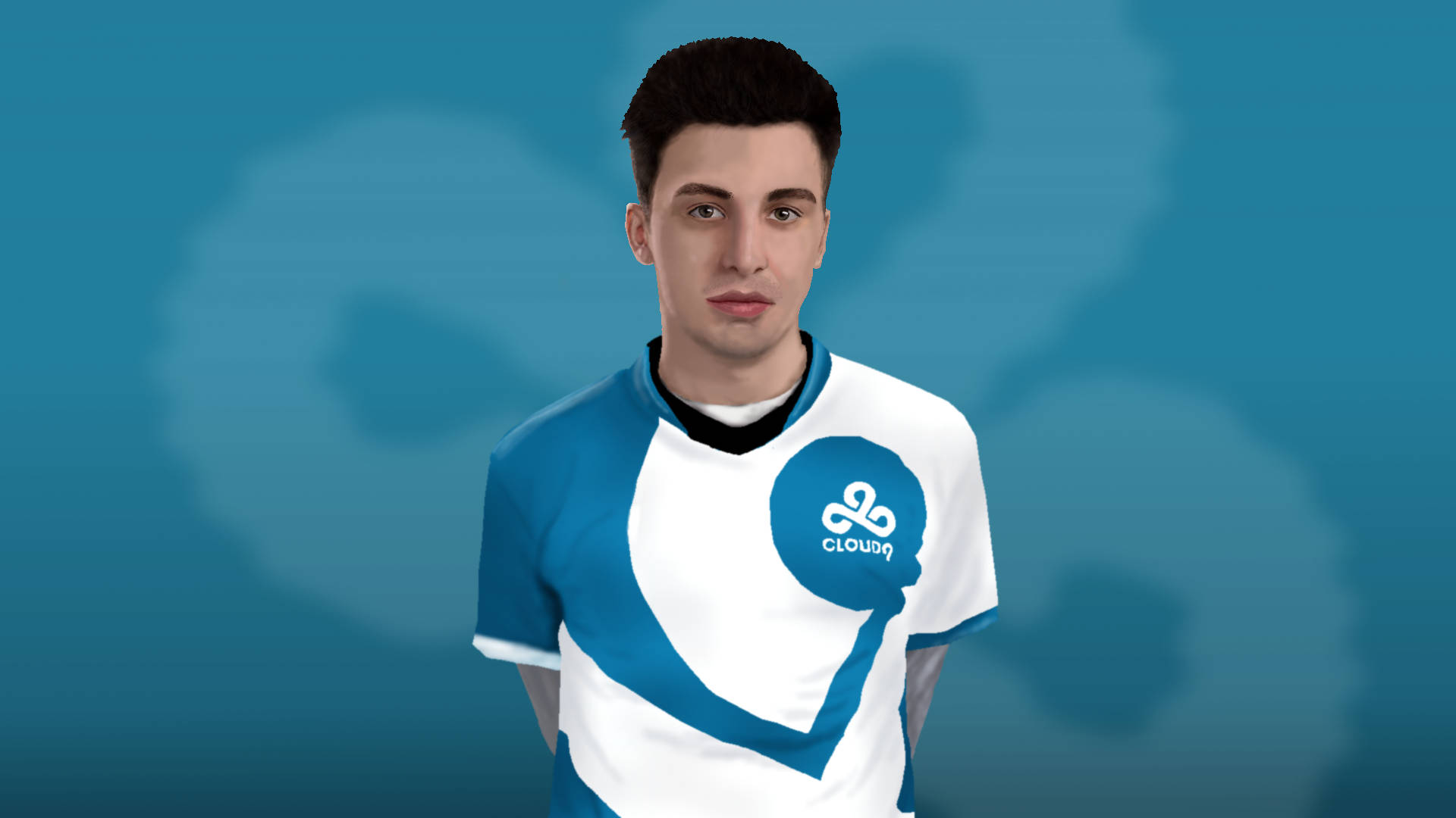Shroud 桌布 壁紙 — 一名身穿藍白Cloud9球衣的年輕男子，站在模糊的藍綠色背景前，背景帶有柔和的齒輪形狀。