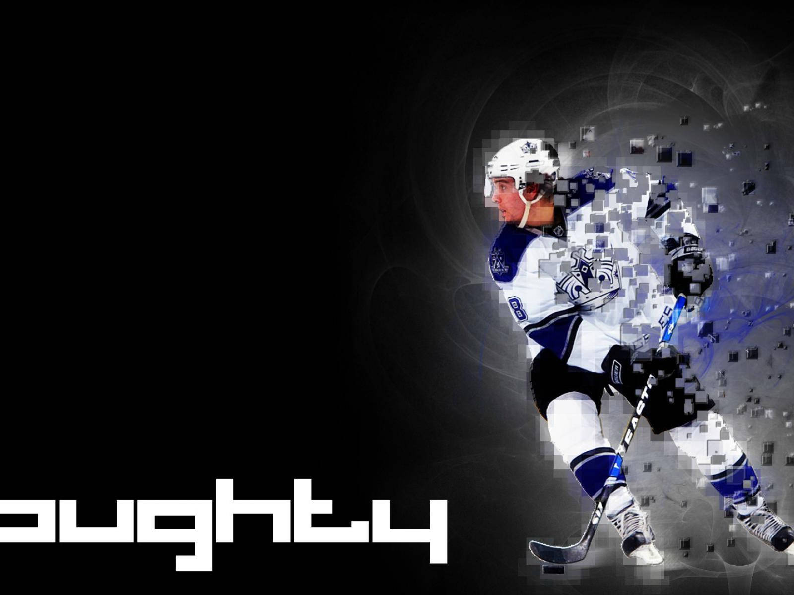 hockey 桌布 壁紙 — 一名身穿藍白球衣的冰球運動員在黑暗旋轉的背景中碎裂成像素化碎片。