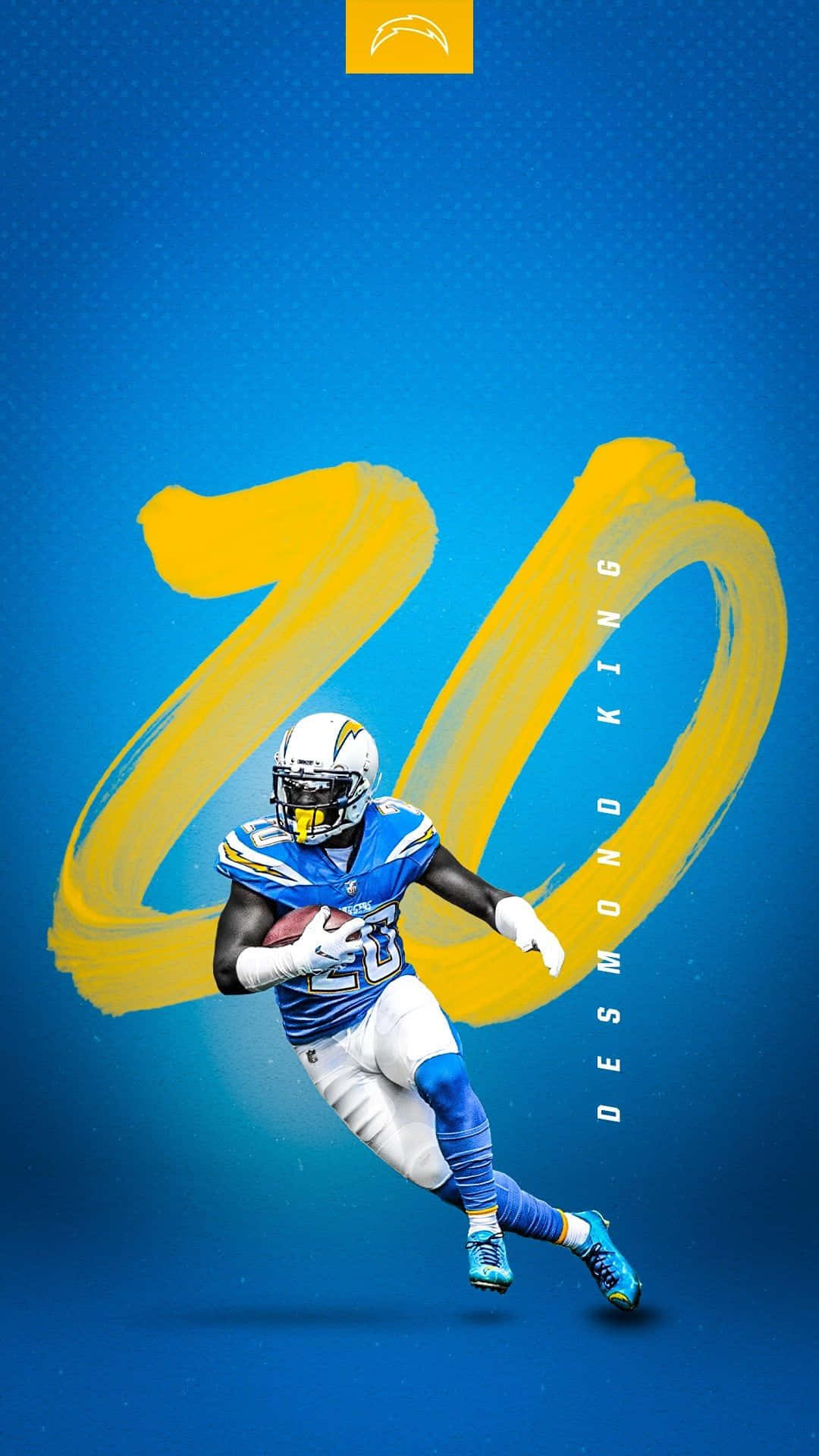 桌布 壁紙 — 一名身穿藍白球衣的美式足球員在鮮明的藍色背景上，帶著一個大黃色20號和他的名字，動態地奔跑。