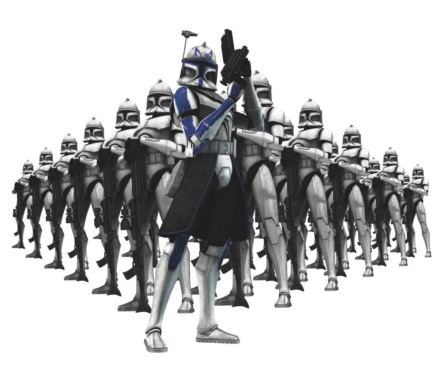 The Clone Army 桌布 壁紙 — 一名身穿藍白盔甲的克隆人士兵立正站好，身後有一隊士兵手持爆能槍。