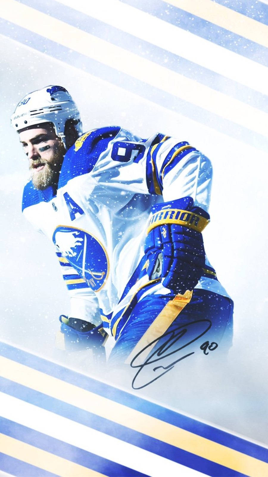 hockey 桌布 壁紙 — 一名身穿藍白裝備、留鬍鬚、戴頭盔的冰球運動員，靠向帶有條紋的冰背景前傾。