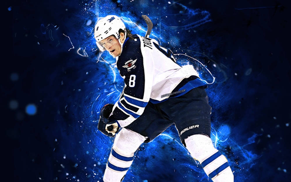 hockey 桌布 壁紙 — 一名身穿藍白裝備的冰球運動員向前衝刺，周圍環繞著電光藍色能量和旋轉的冰粒。