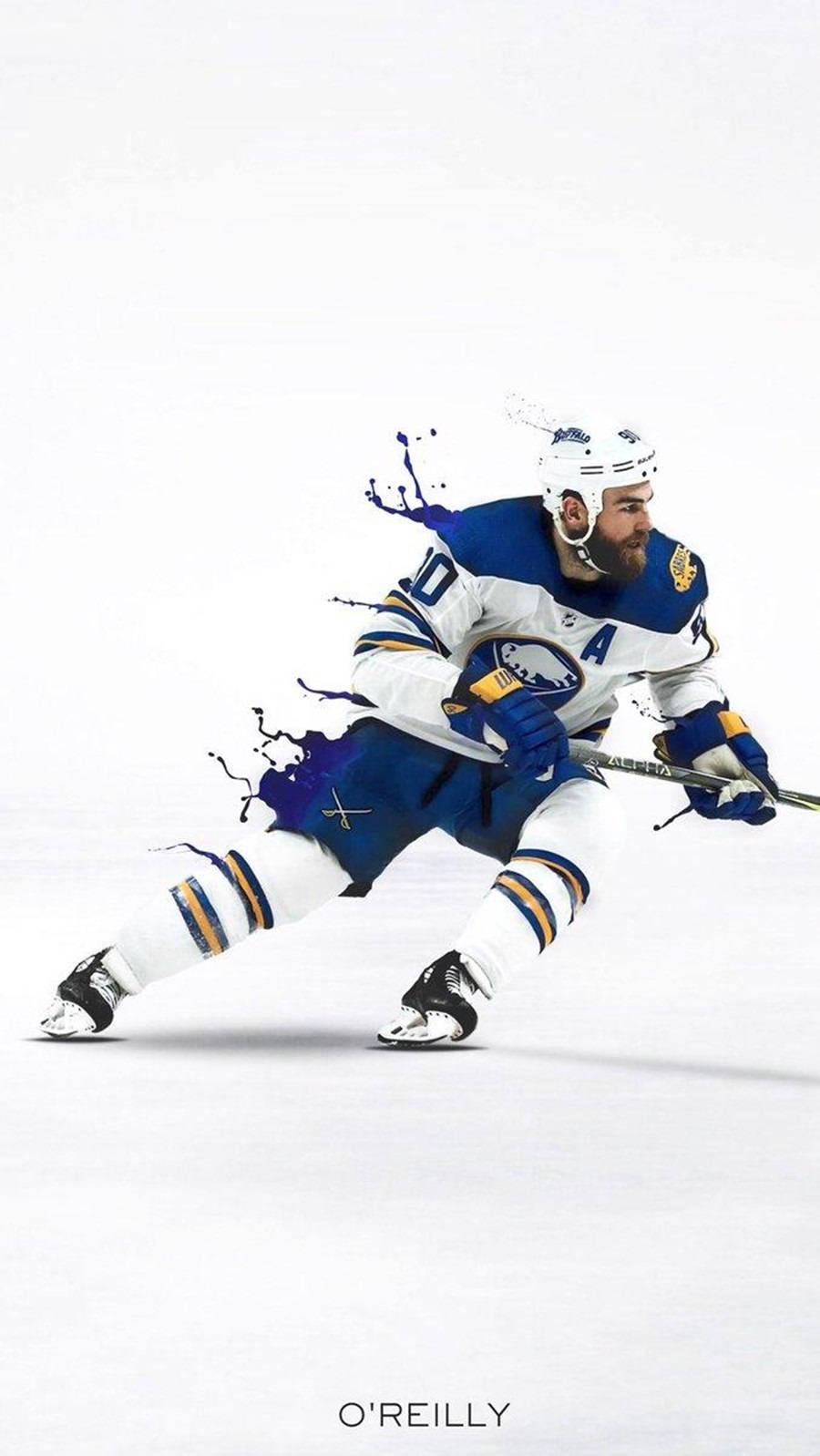 hockey 桌布 壁紙 — 一名身穿藍白裝備的曲棍球運動員在純白的冰場上動態滑行，身體爆發出顏料飛濺。