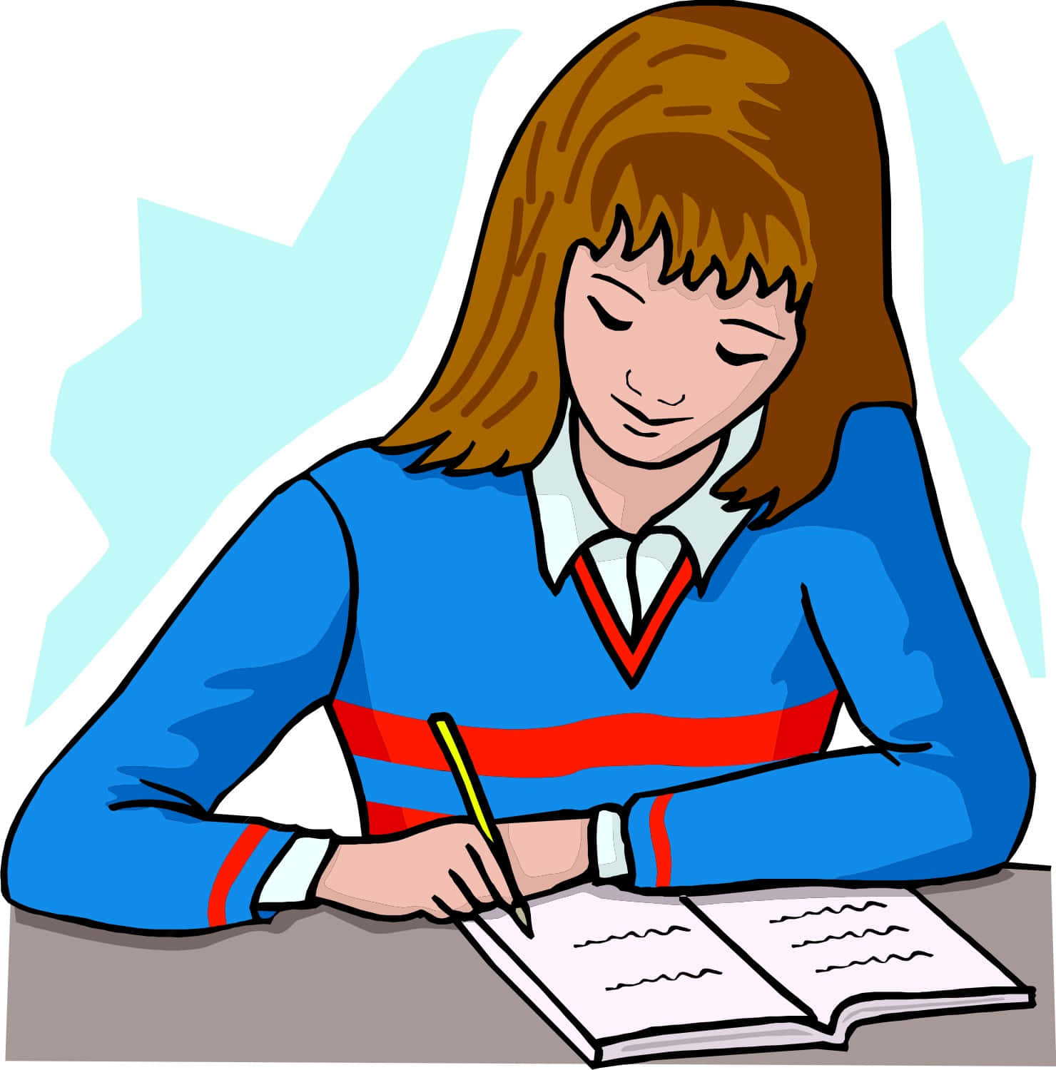 Writing 桌布 壁紙 — 一名身穿藍紅校服毛衣的學生，專注地寫筆記。