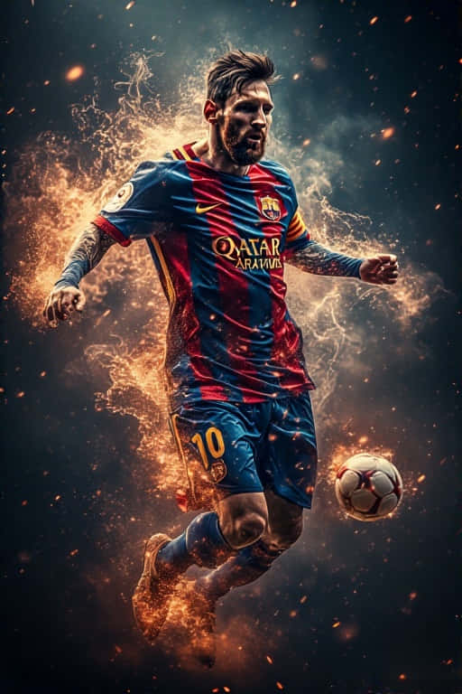 Epic Messi Fantasy Art 4K 壁紙 — 一名身穿藍紅條紋球衣的足球員在黑暗背景下踢球，周圍火花四濺。