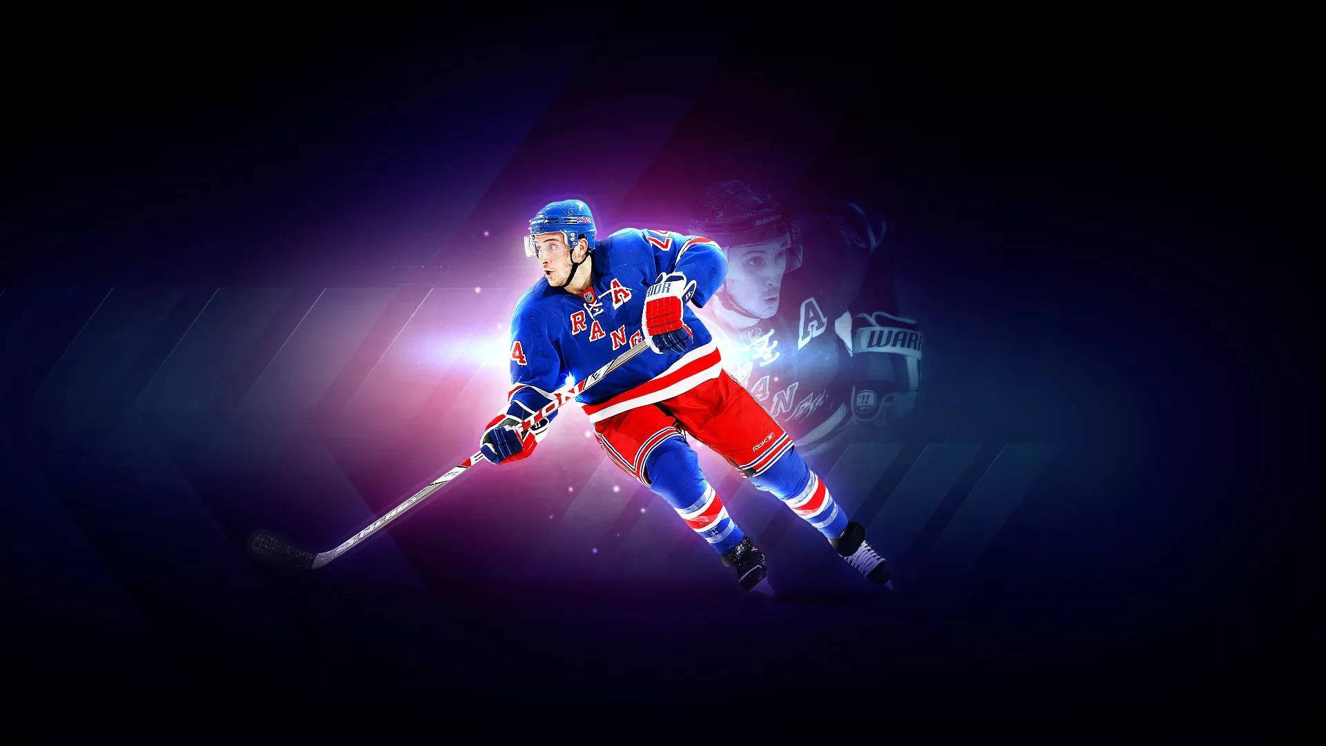 Cool Hockey 桌布 壁紙 — 一名身穿藍紅球衣的冰球運動員在黑暗發光背景上動態滑行，帶有動態模糊效果。