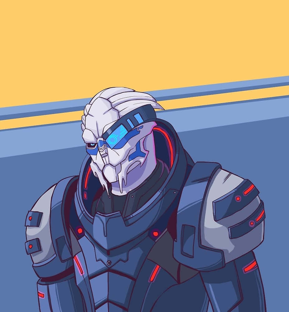 Garrus Vakarian 桌布 壁紙 — 一名身穿藍紅裝甲、戴著發光藍色面罩的網路戰士，站在黃色和藍色的背景前。