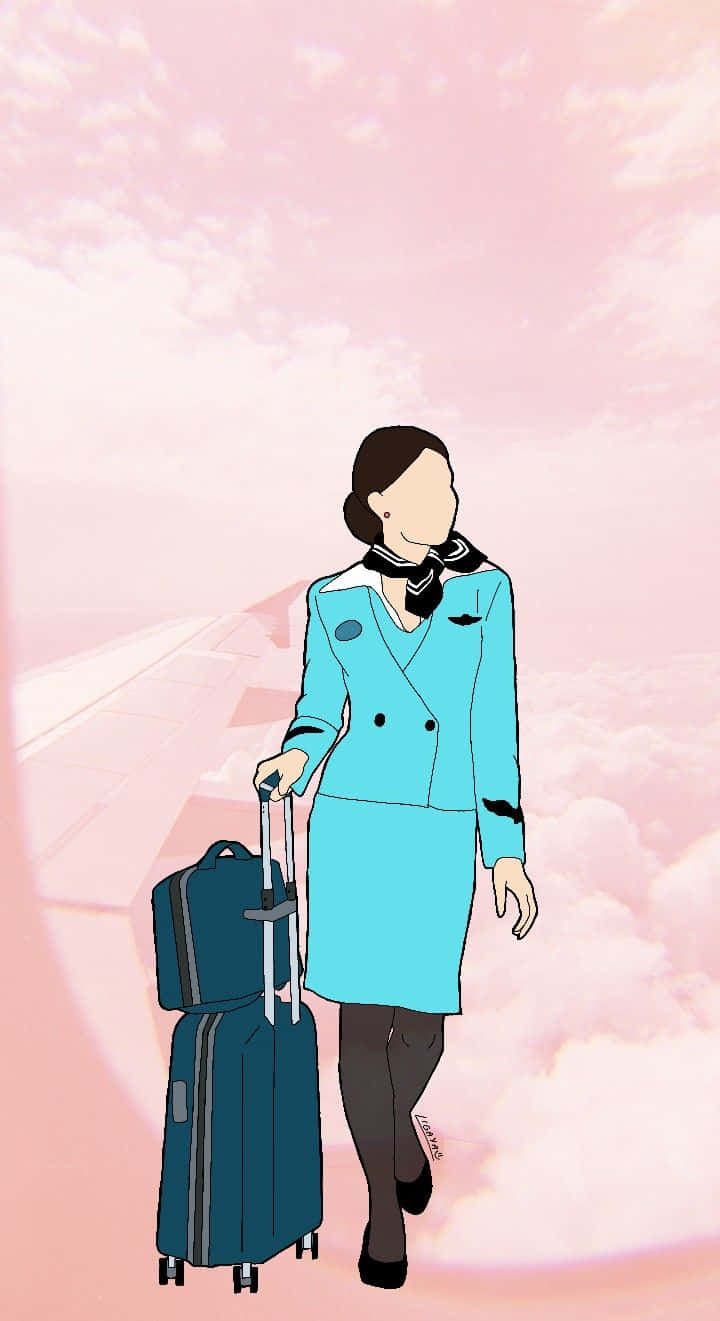 Flight Attendant 桌布 壁紙 — 一名身穿藍綠色制服的空服員拖著滾輪行李箱，走在蓬鬆的粉紅雲朵之上。