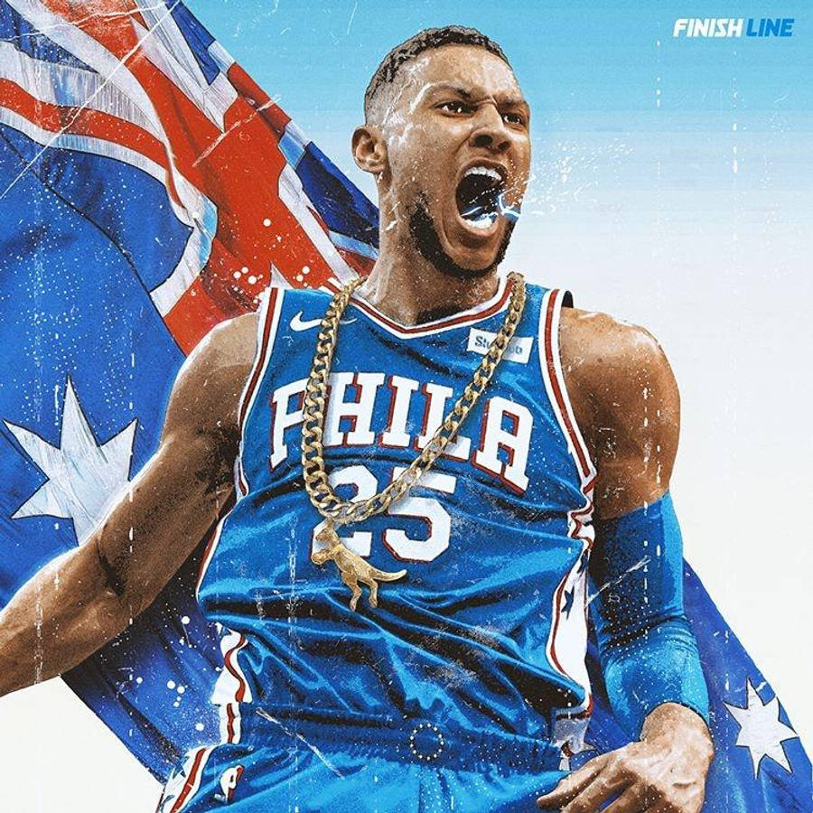 Ben Simmons 桌布 壁紙 — 一名身穿藍色 'PHILA 25' 球衣的勝利籃球運動員在終點線後方有澳洲國旗，咆哮慶祝。