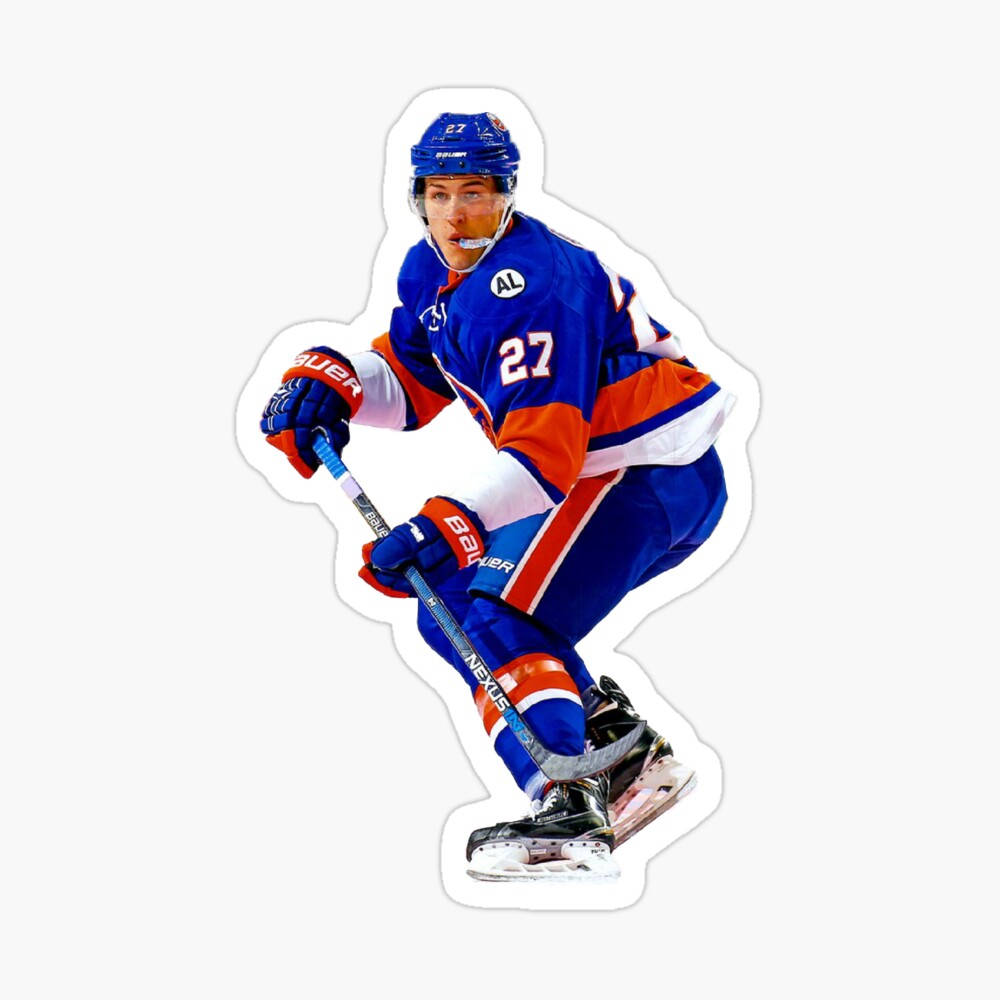 hockey 桌布 壁紙 — 一名身穿藍色、橙色和白色球衣的冰球運動員，蹲伏著，握緊球棍，準備滑冰。