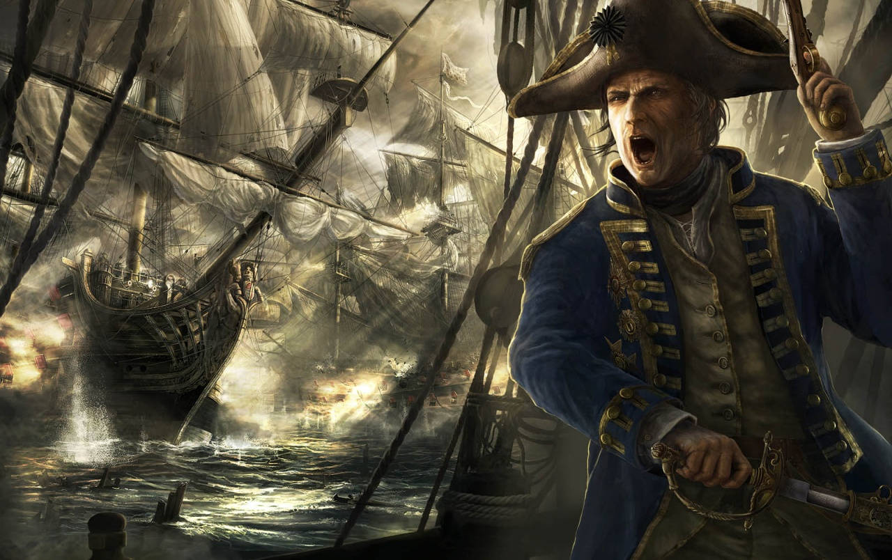 Total War 桌布 壁紙 — 一名身穿藍色制服的兇猛海軍上尉在混亂的海戰中，在軍艦上大叫，周圍有爆炸和煙霧。