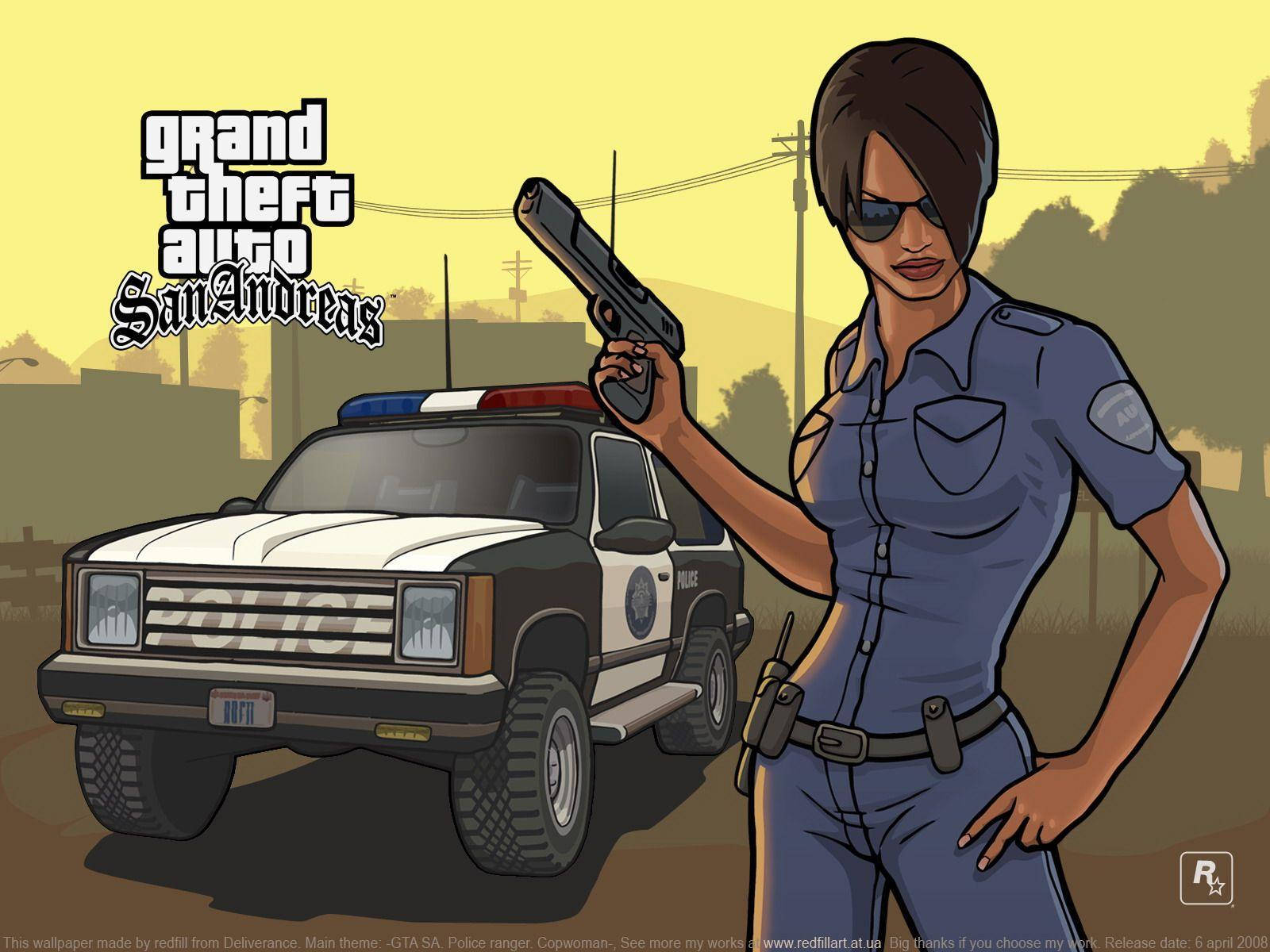 GTA 聖安地列斯 桌布 壁紙 — 一名身穿藍色制服的女警在朦朧的黃色天空下，手持手槍站在白色警用SUV旁。