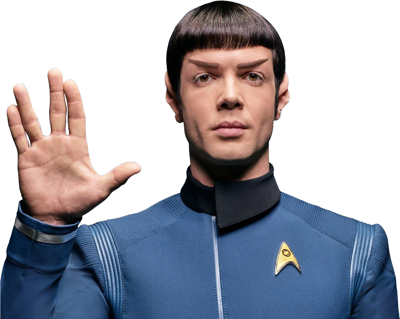 Star Trek Enterprise 桌布 壁紙 — 一名身穿藍色制服的瓦肯軍官在黑色背景前舉手做出經典敬禮。