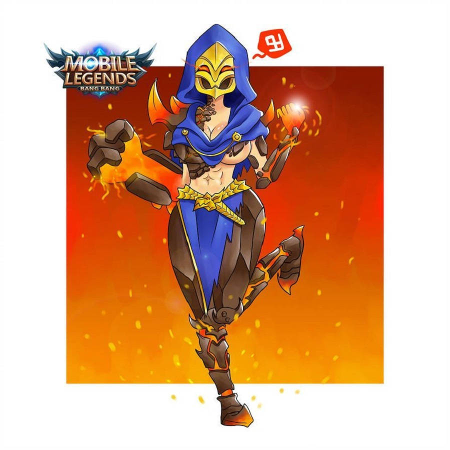 Mobile Legends 動態圖 桌布 壁紙 — 一名身穿藍色和金色盔甲的熾熱蒙面戰士，在發光的橙色背景下擺出動態姿勢。