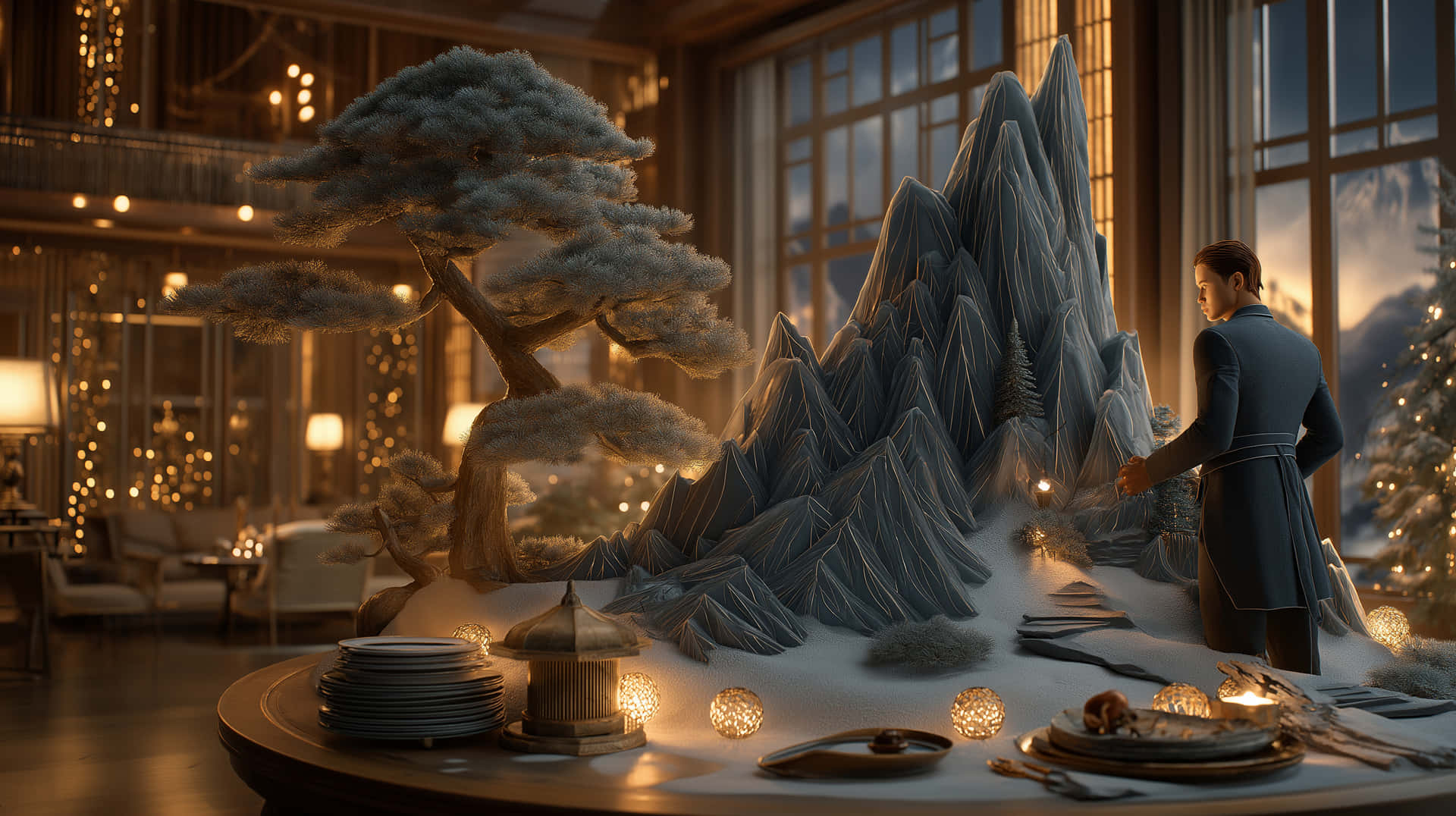 Winter Wonderland Table Setting with Mountain Cake and Man 壁紙 — 一名身穿藍色外套的男子站在一個超現實的室內立體模型旁，該模型以雪覆蓋的盆景樹和鋸齒狀山脈為特色，在溫暖的環境燈光下。