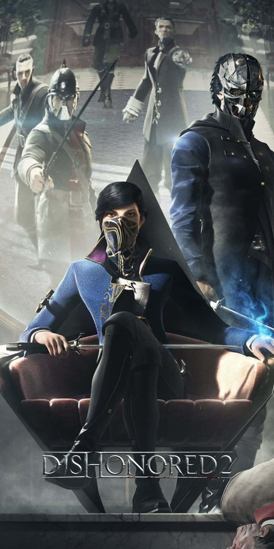 Pixel 3 Dishonored 2 桌布 壁紙 — 一名身穿藍色外套的蒙面刺客，在霧氣瀰漫的哥德式庭院中，被武裝守衛包圍，威嚴地坐在紅色椅子上。