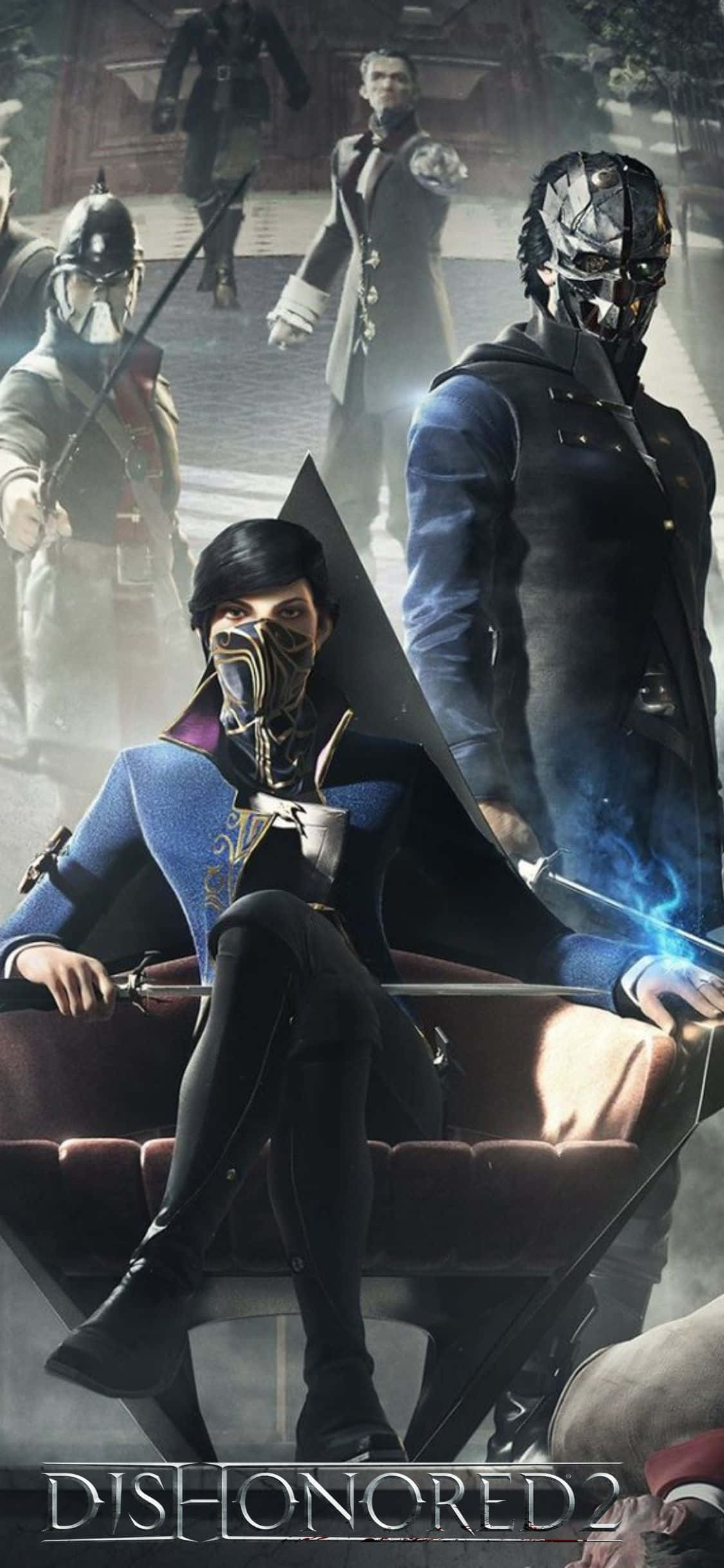 iPhone X Dishonored 2 桌布 壁紙 — 一名身穿藍色外套的蒙面刺客自信地坐在一張類似王座的椅子上，周圍是武裝警衛，身處迷霧籠罩的哥德式庭院。