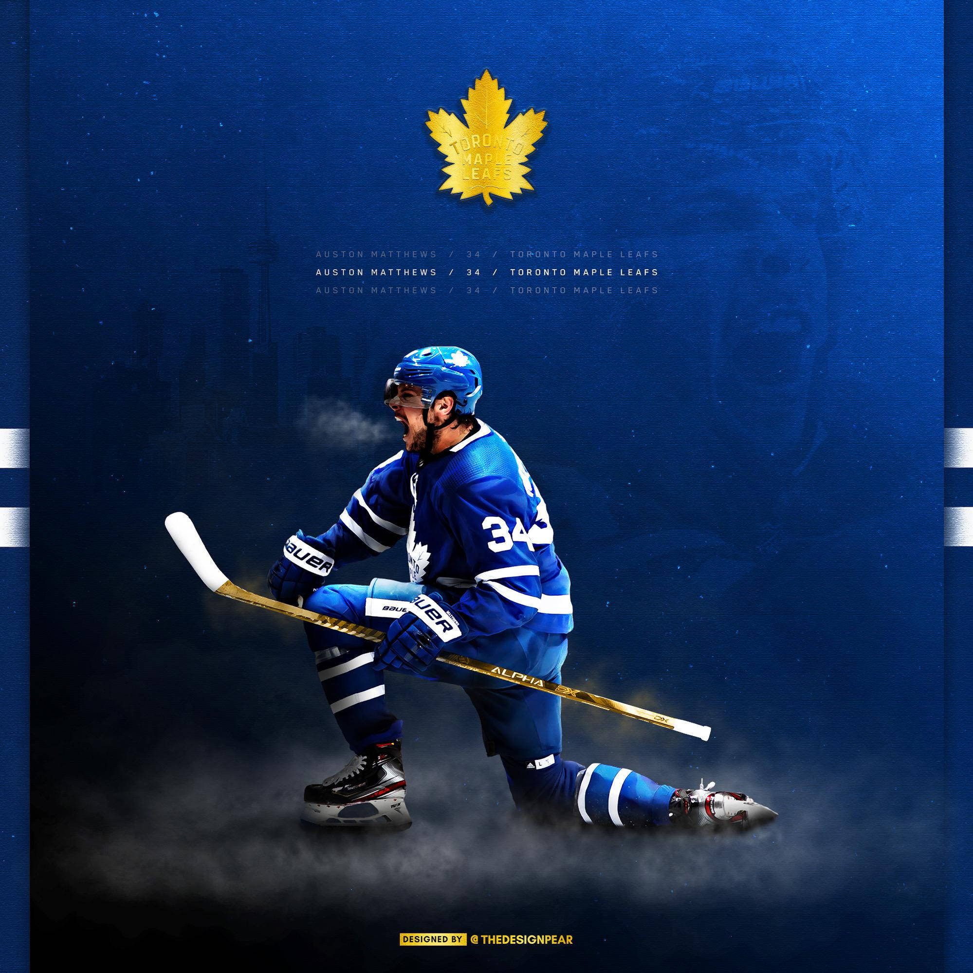 Leafs 桌布 壁紙 — 一名身穿藍色多倫多楓葉隊裝備的冰球運動員，在帶有球隊標誌和重複文字的深藍色紋理背景上動態地跪著。