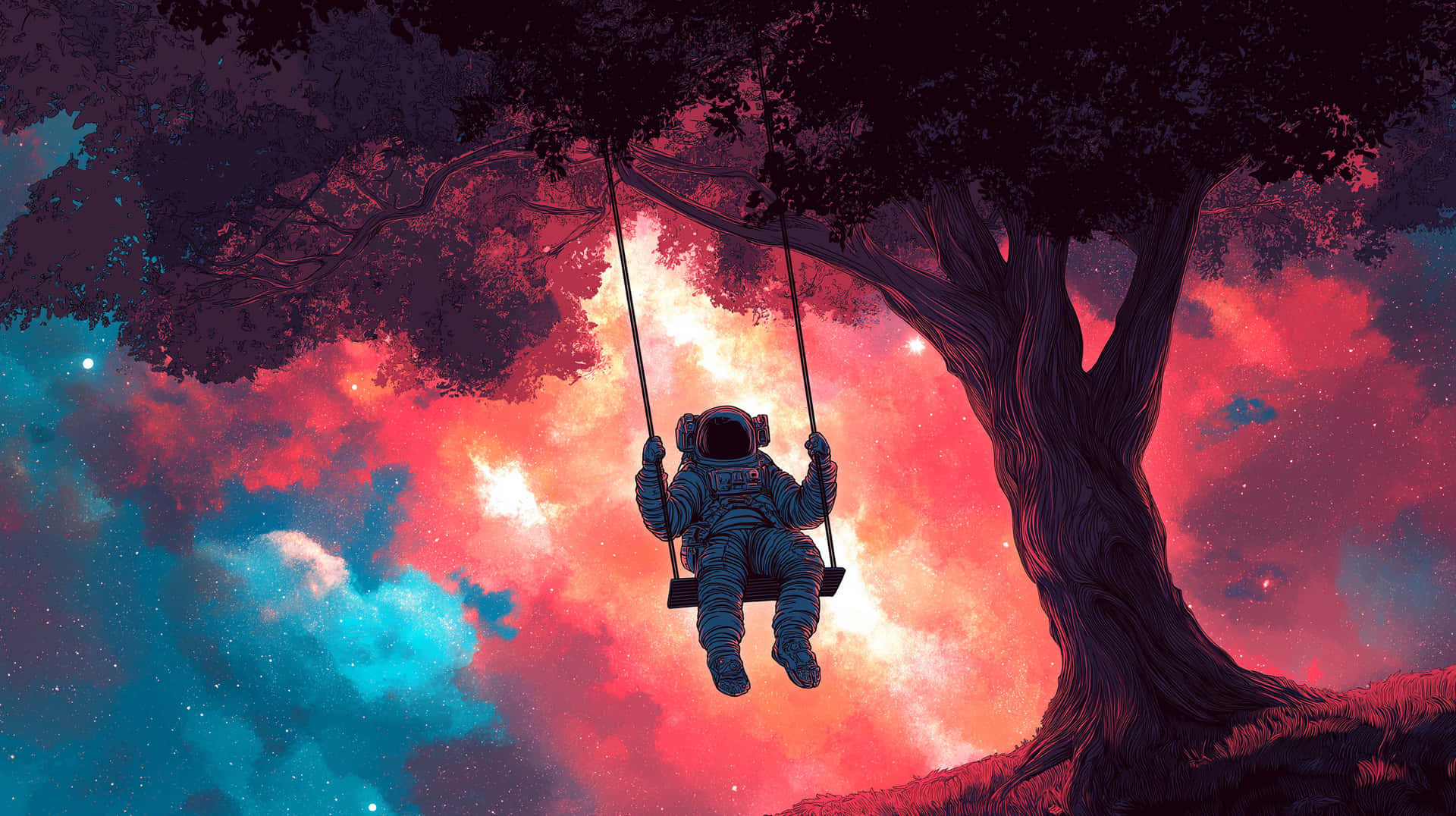 Astronaut Swinging on Tree with Cosmic Sky 壁紙 — 一名身穿藍色太空衣的太空人，在懸掛在深色樹上的繩索鞦韆上搖擺，背景是充滿活力的紅色和藍色宇宙天空。