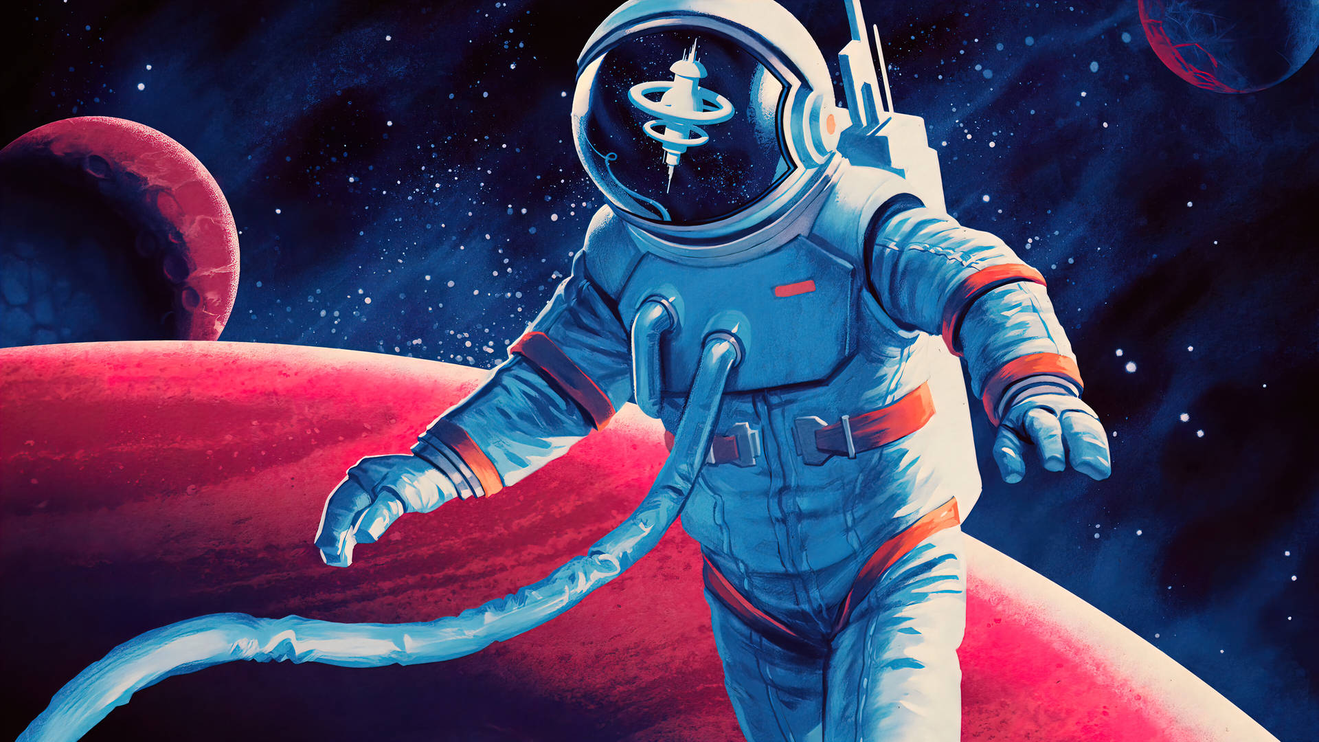 太空人在星空宇宙場景中漂浮在紅色行星上方。