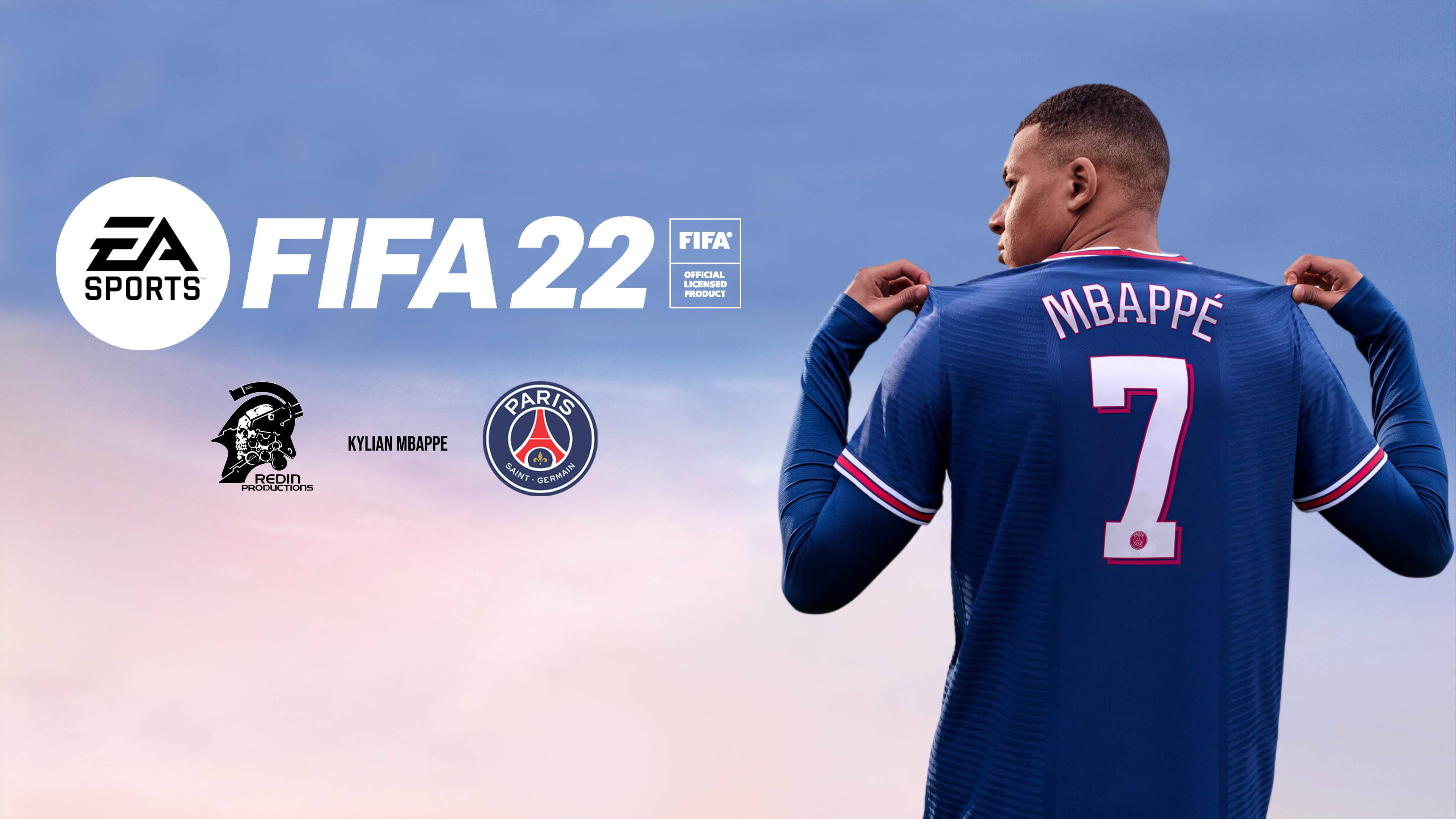 Mbappe 桌布 壁紙 — 一名身穿藍色巴黎聖日耳曼球衣、號碼7的足球員站在柔和的粉紅色和藍色天空前，展示FIFA 22遊戲標誌。