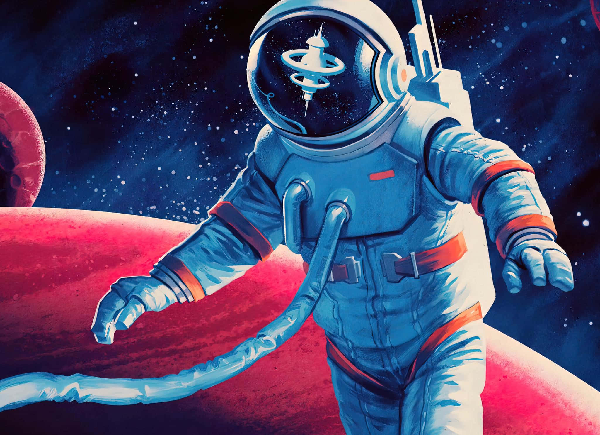 Amazing Astronaut 桌布 壁紙 — 一名身穿藍色帶紅色點綴太空衣的太空人，在繁星點點的宇宙背景下漂浮在一顆紅色行星上方。