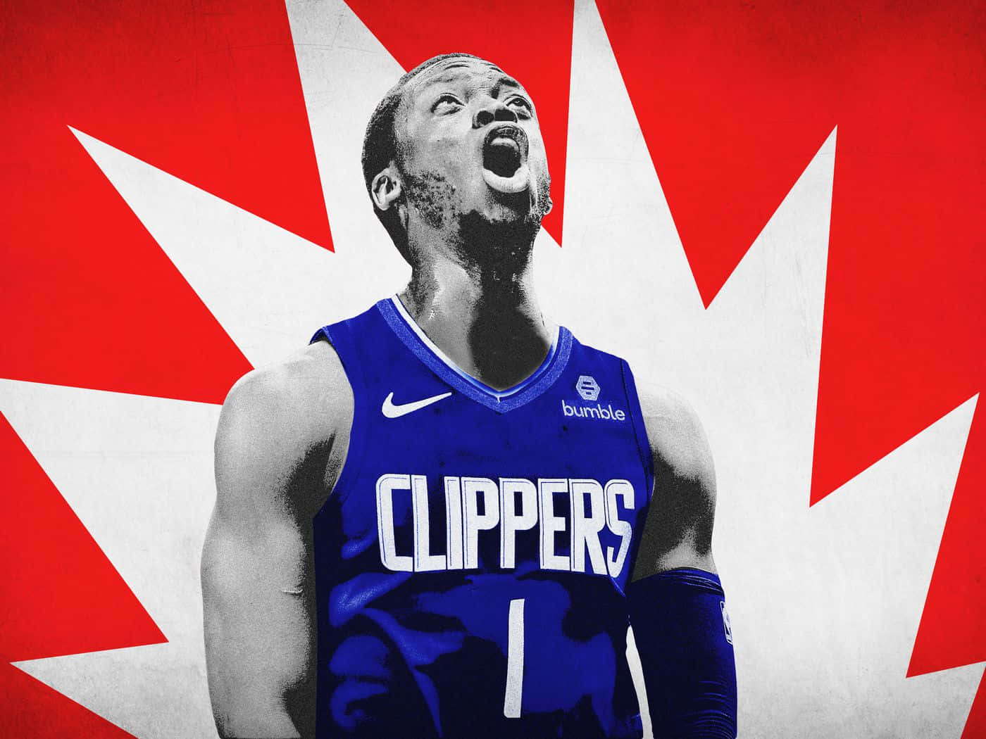 NBA 桌布 壁紙 — 一名身穿藍色快艇隊球衣的籃球運動員，在鮮明的紅白星爆背景下向上咆哮。