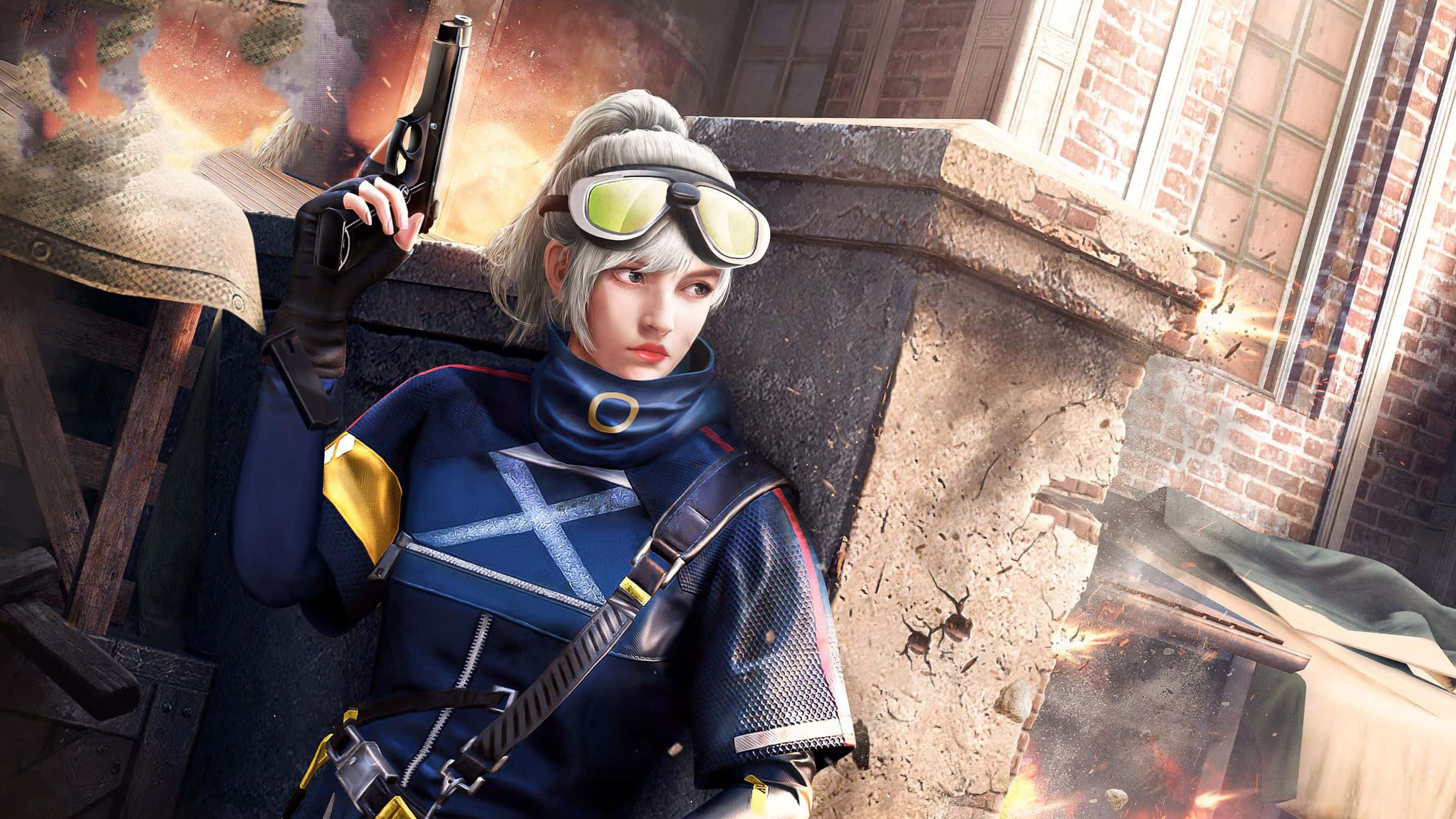pubg mobile 桌布 壁紙 — 一名身穿藍色戰術裝備的女兵，在熾熱爆炸中靠著磚牆手持手槍。