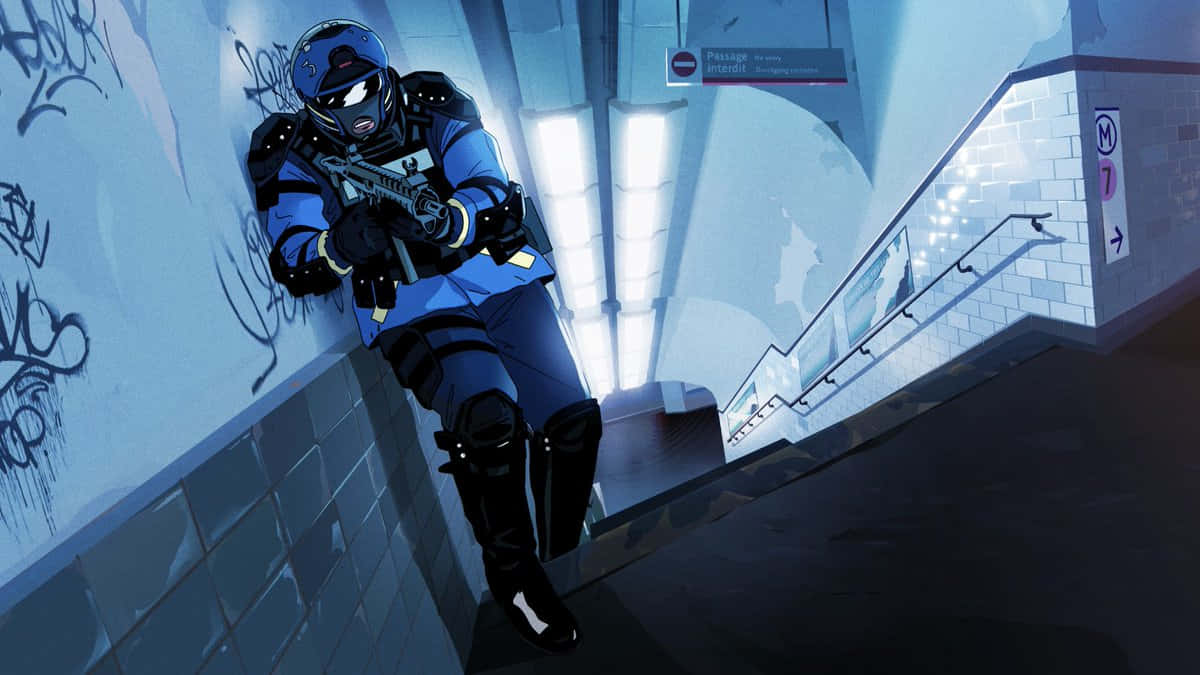 Rainbow Six Siege Rook 桌布 壁紙 — 一名身穿藍色戰術裝備的蒙面士兵蹲在地鐵站佈滿塗鴉的樓梯上，手持步槍。