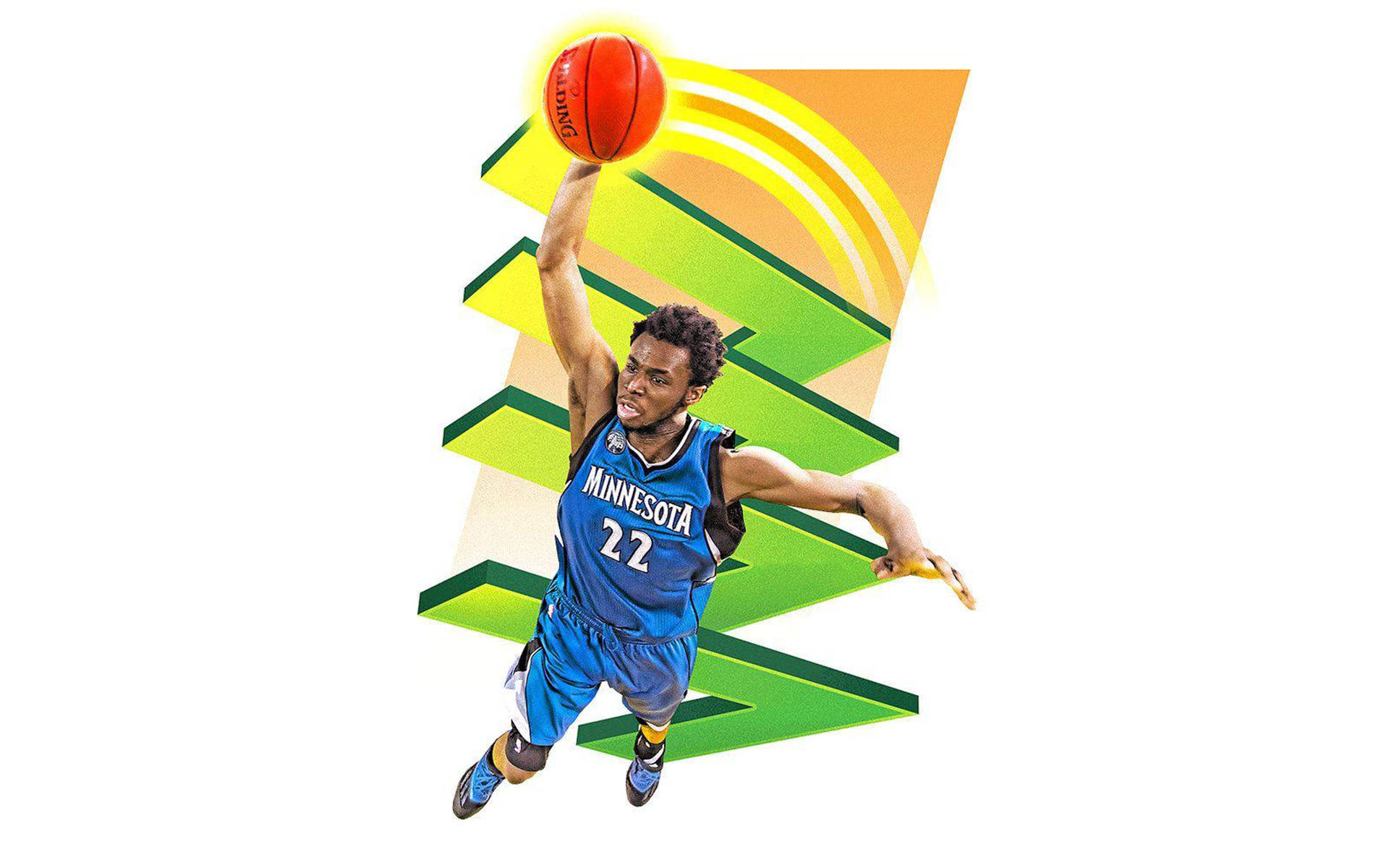 Andrew Wiggins 桌布 壁紙 — 一名身穿藍色明尼蘇達球衣的籃球運動員，在風格化的綠色和黃色幾何背景前，動態地跳起並持球。