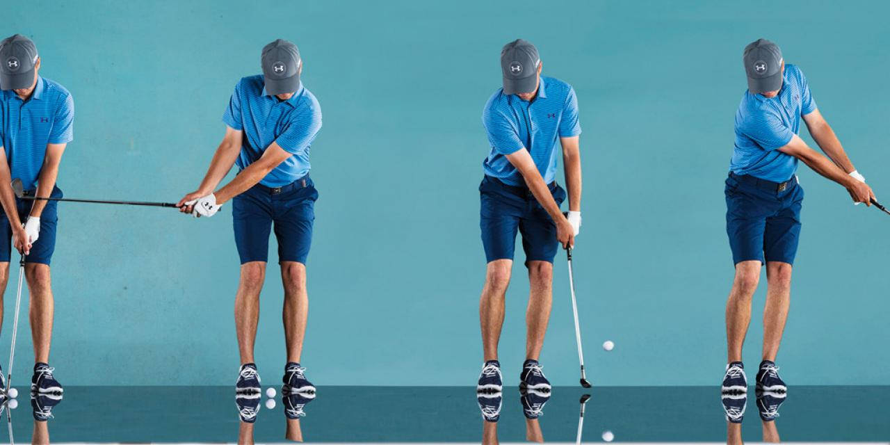 Athletic 桌布 壁紙 — 一名身穿藍色服裝的高爾夫球手在青綠色背景和反光地板上，以四個連續姿勢捕捉到揮桿中途的瞬間。