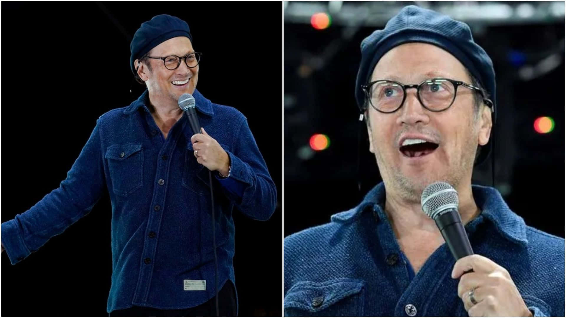 actor 桌布 壁紙 — 一名身穿藍色牛仔襯衫和毛帽的男子在彩色燈光下在舞台上開心地笑著，手持麥克風。