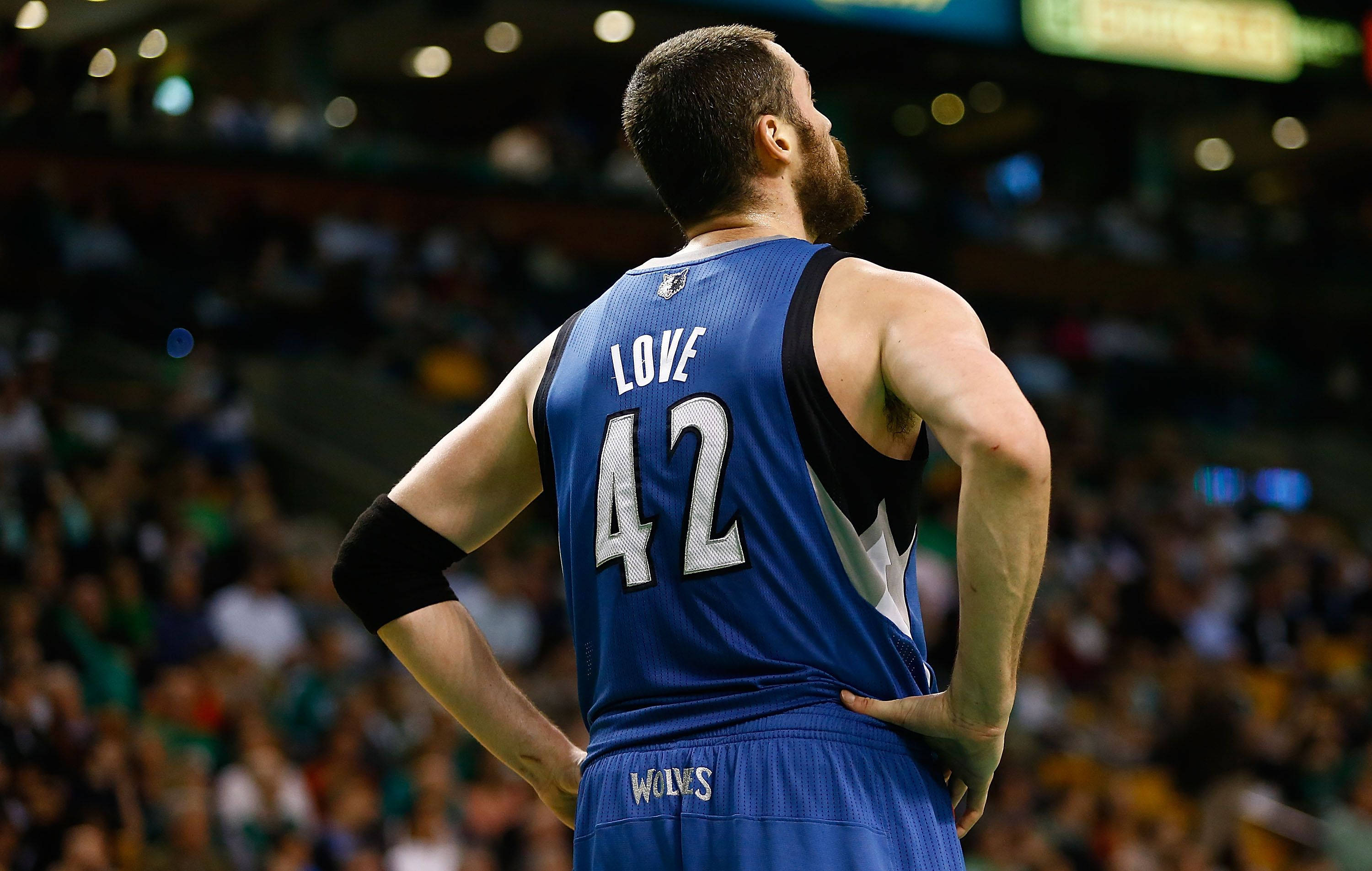 Kevin Love 桌布 壁紙 — 一名身穿藍色球衣、印有名字LOVE和號碼42的籃球運動員，在擠滿觀眾的場館內，雙手叉腰，背對鏡頭站立。